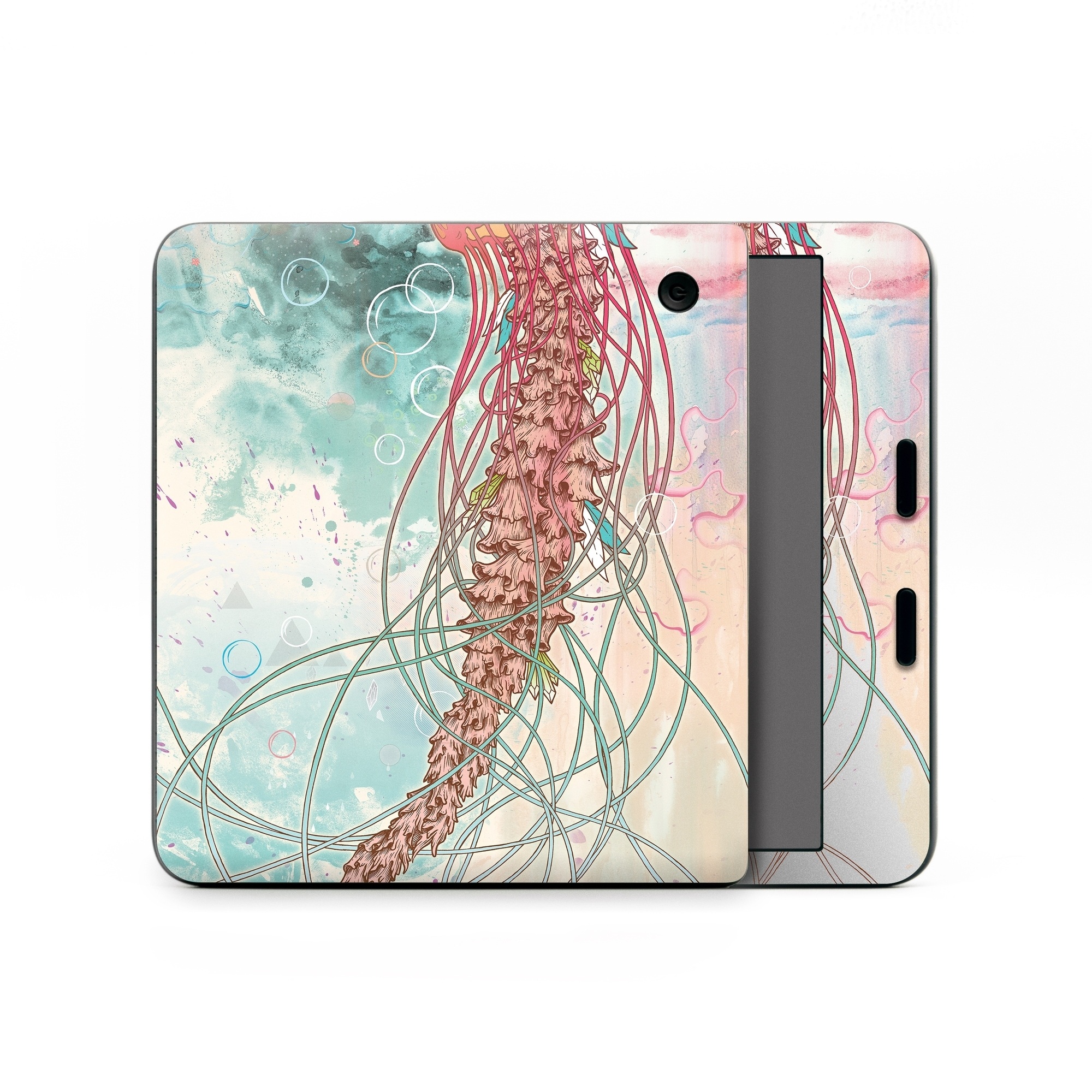 Kobo Libra Colour Skin design of Jellyfish, Illustration, Water, Cnidaria, Marine invertebrates, Organism, Portuguese man o' war, Art, Nepenthes, Invertebrate, with gray, pink, yellow, red, green colors