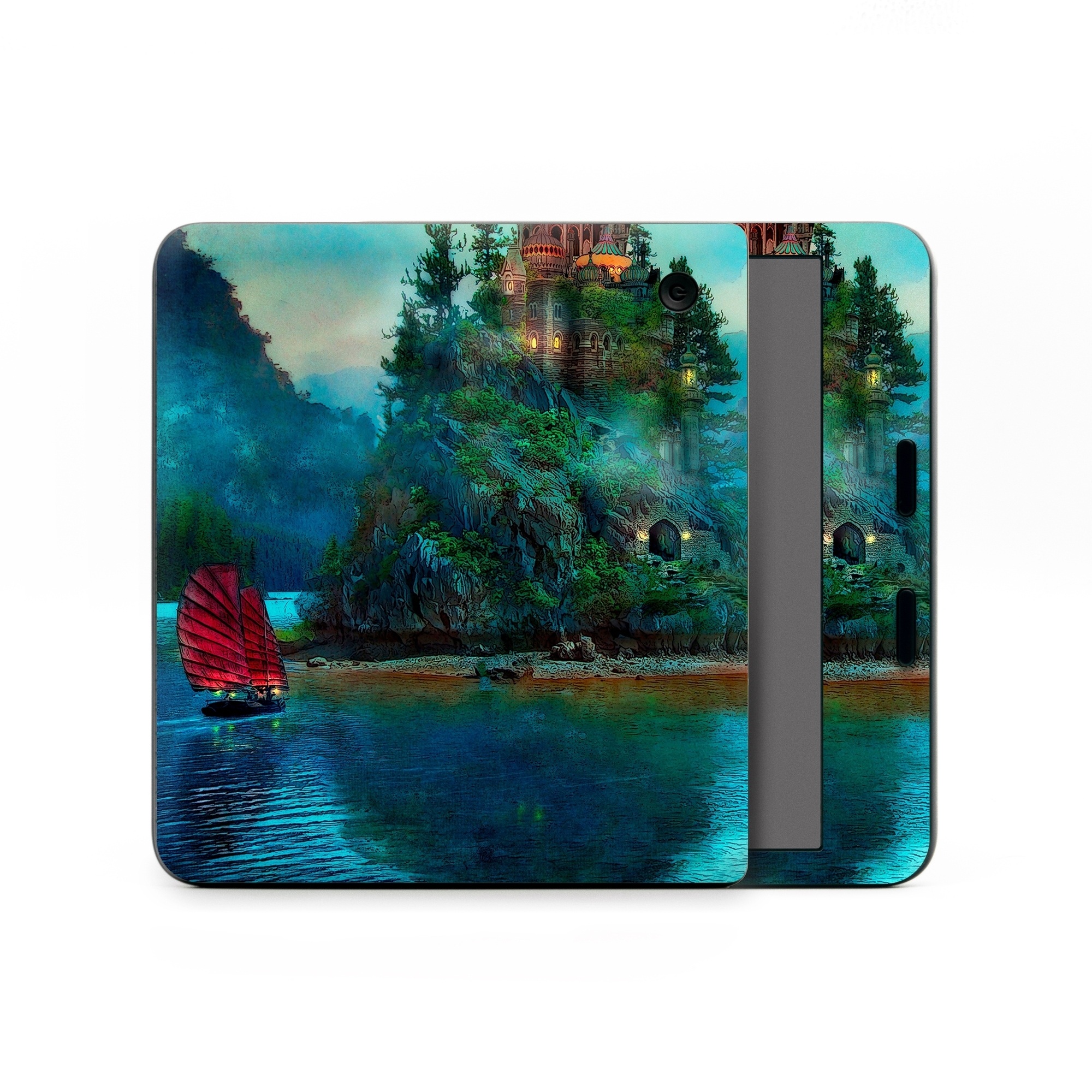 Kobo Libra Colour Skin design of Nature, Natural landscape, Sky, Painting, Landscape, Illustration, Watercolor paint, Art, Calm, Water castle, with black, gray, blue, green colors