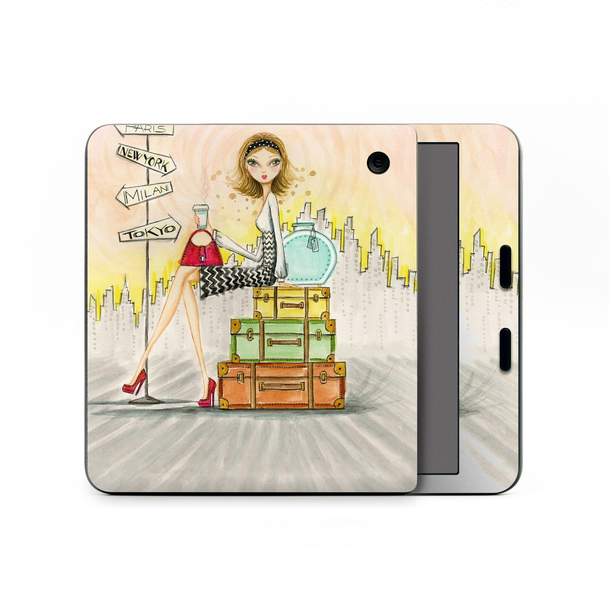 Kobo Libra Colour Skin design of Cartoon, Illustration, Art, Watercolor paint, with gray, pink, green, red, black colors