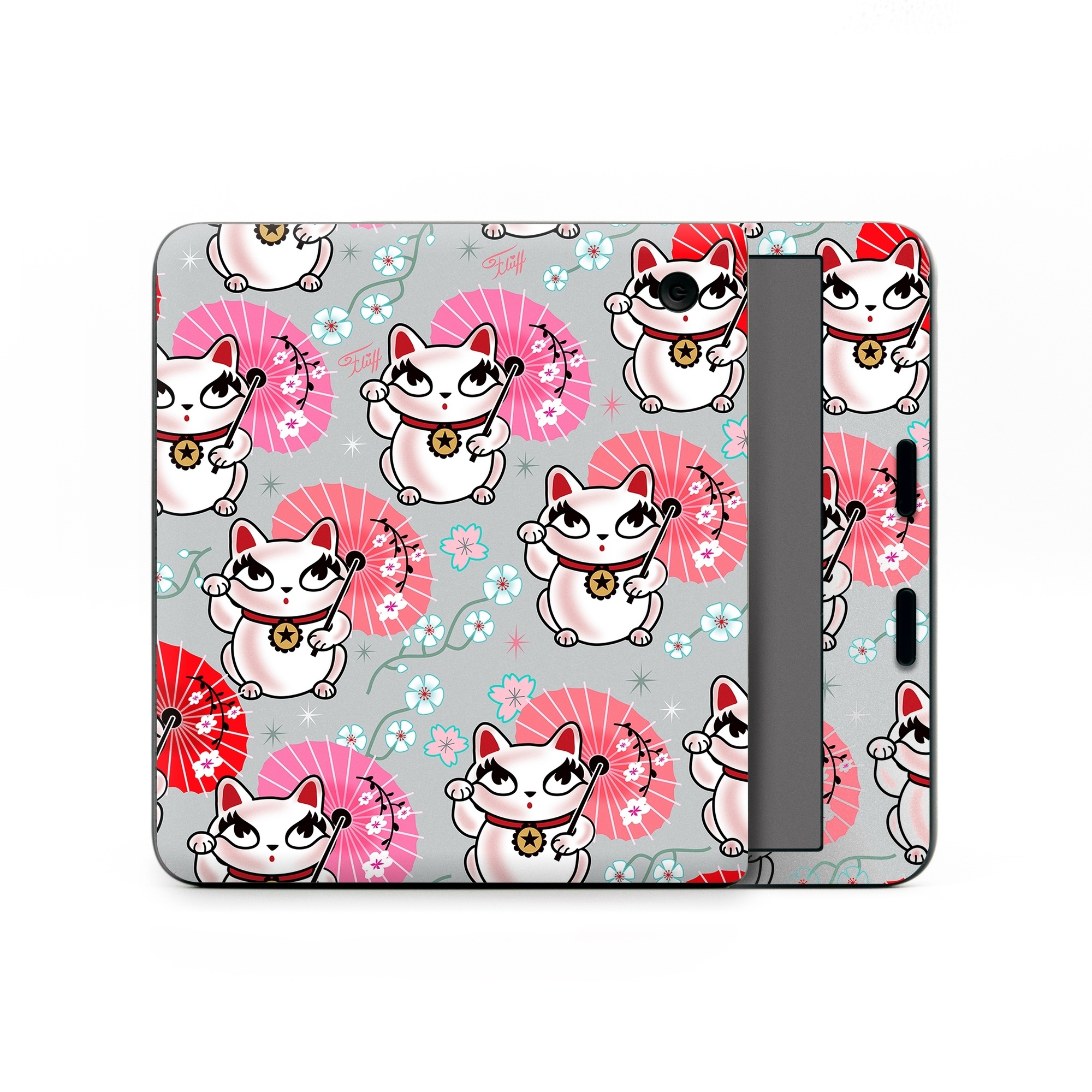 Kobo Libra Colour Skin design of Pink, Red, Cartoon, Design, Line, Textile, Pattern, Illustration, Smile, Fictional character, with white, red, pink, gray, blue, black colors