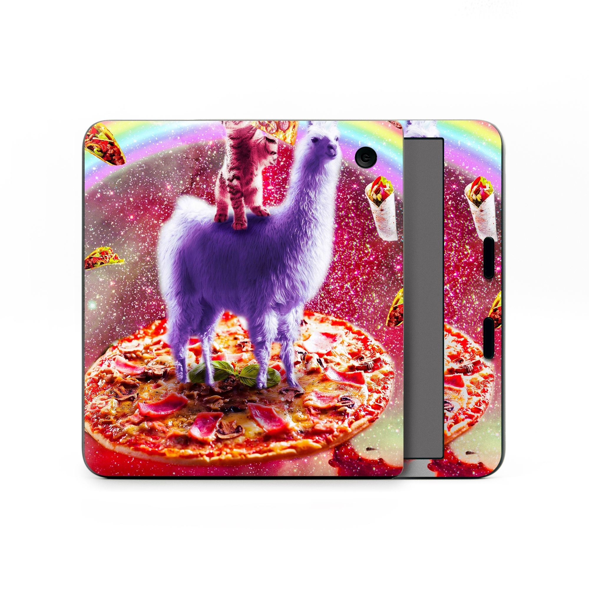 Kobo Libra Colour Skin design of Llama, Unicorn, Fictional character, Illustration, Graphic design, Livestock, Camelid, Mythical creature, Graphics, Art, with red, white, yellow, gray, purple, blue, green colors