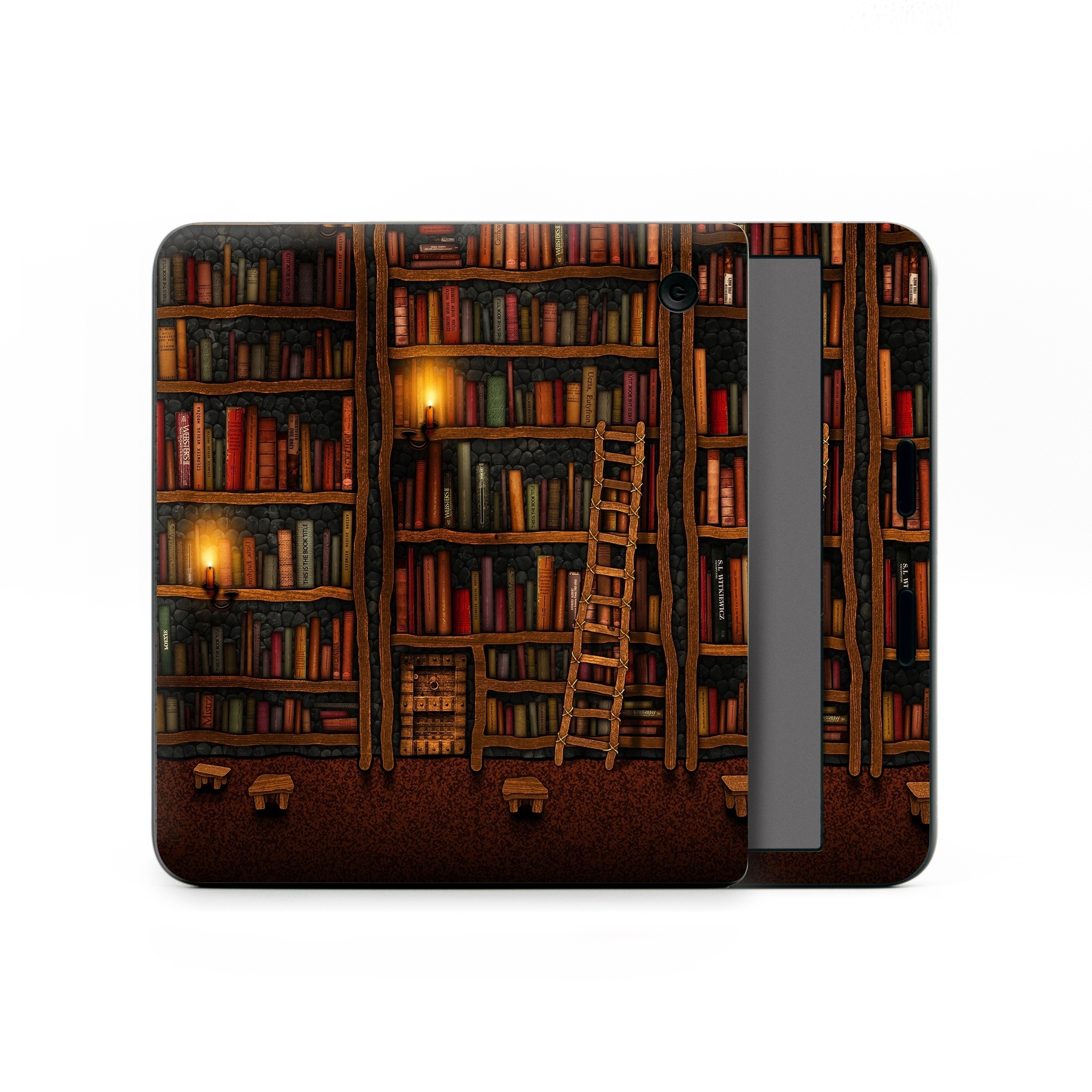 Kobo Libra Colour Skin design of Shelving, Library, Bookcase, Shelf, Furniture, Book, Building, Publication, Room, Darkness, with black, red colors