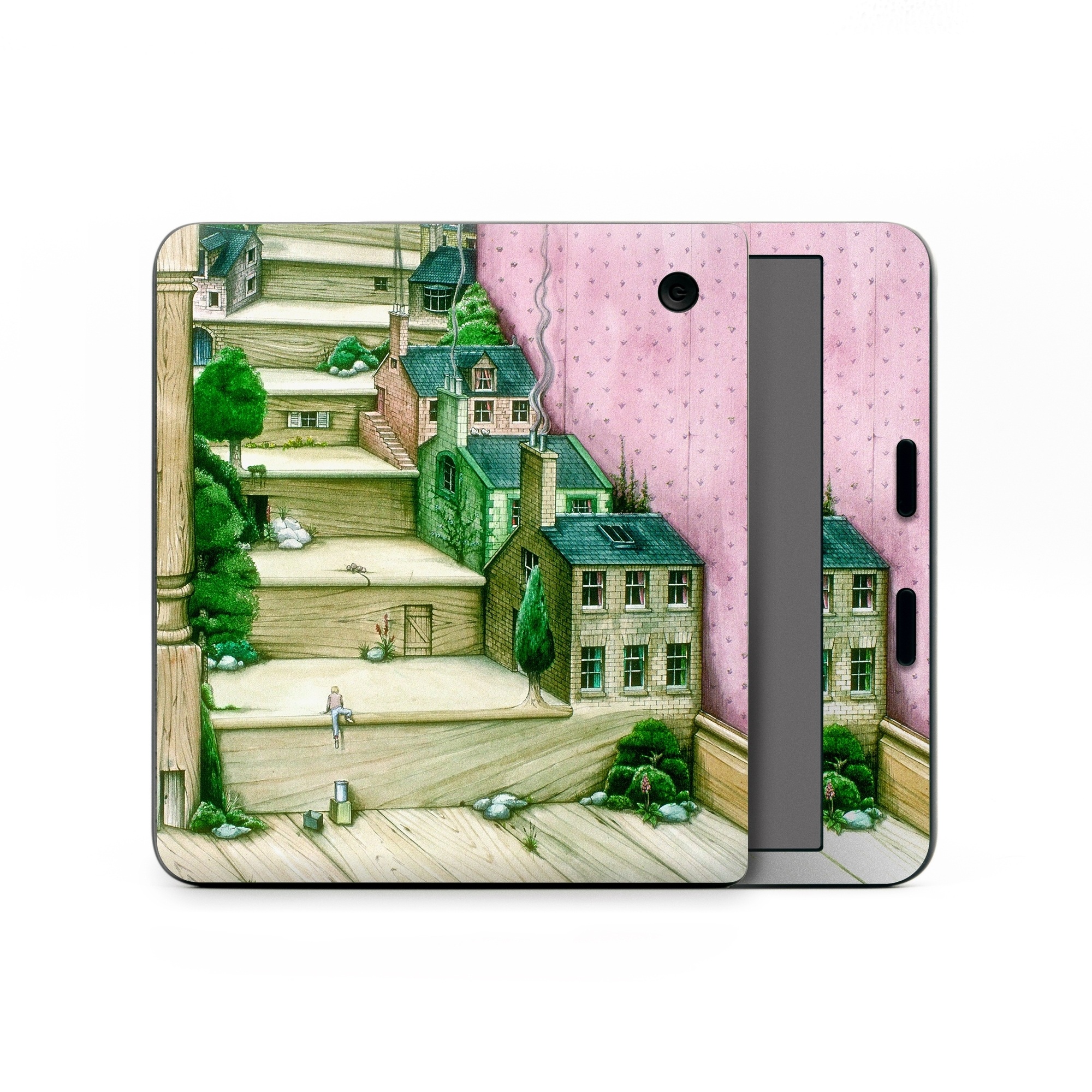 Kobo Libra Colour Skin design of Green, Stairs, House, Watercolor paint, Home, Illustration, Building, Wood, Plant, Sketch, with pink, green, brown colors