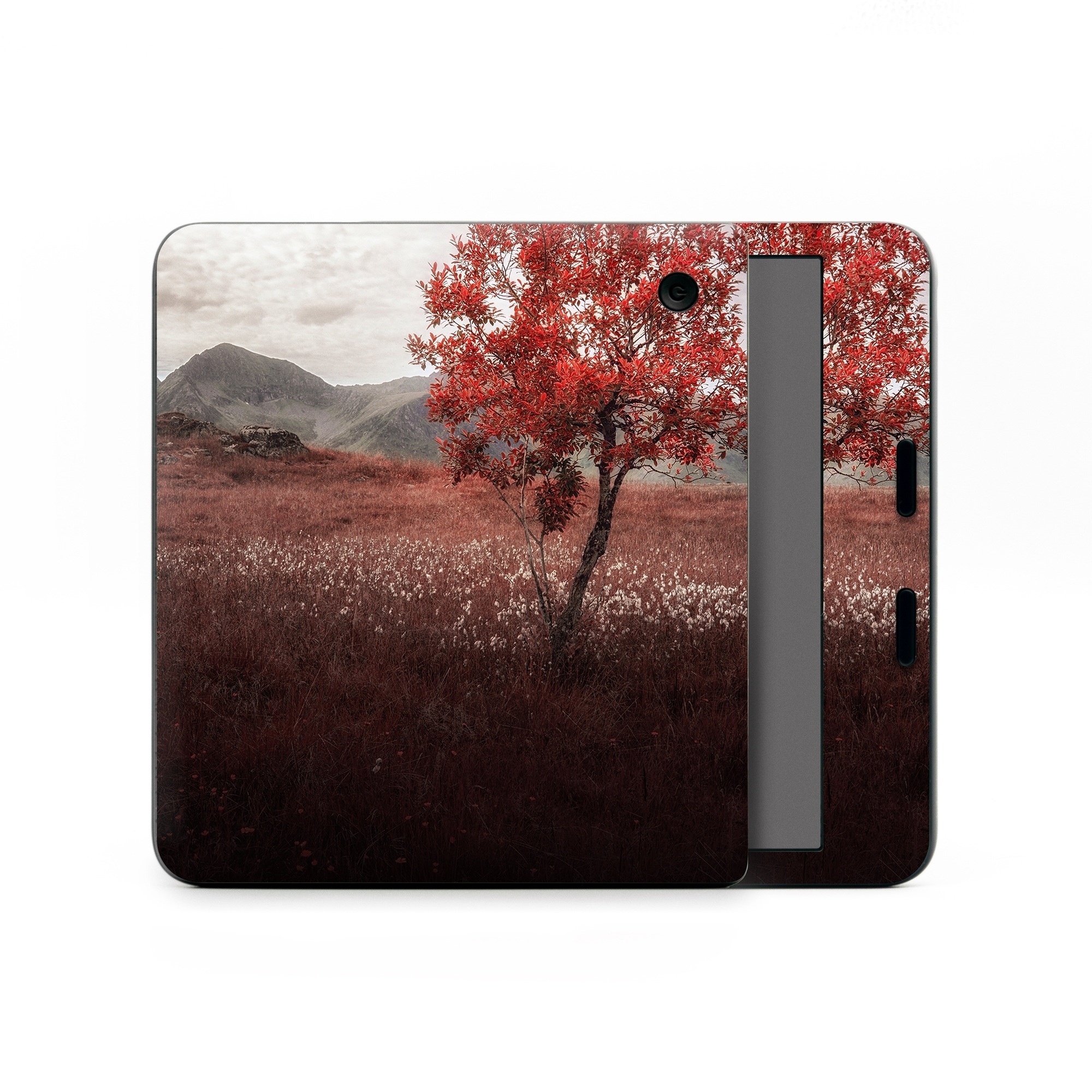 Kobo Libra Colour Skin design of Natural landscape, Nature, Tree, Sky, Red, Natural environment, Atmospheric phenomenon, Leaf, Cloud, Woody plant, with black, gray, red colors