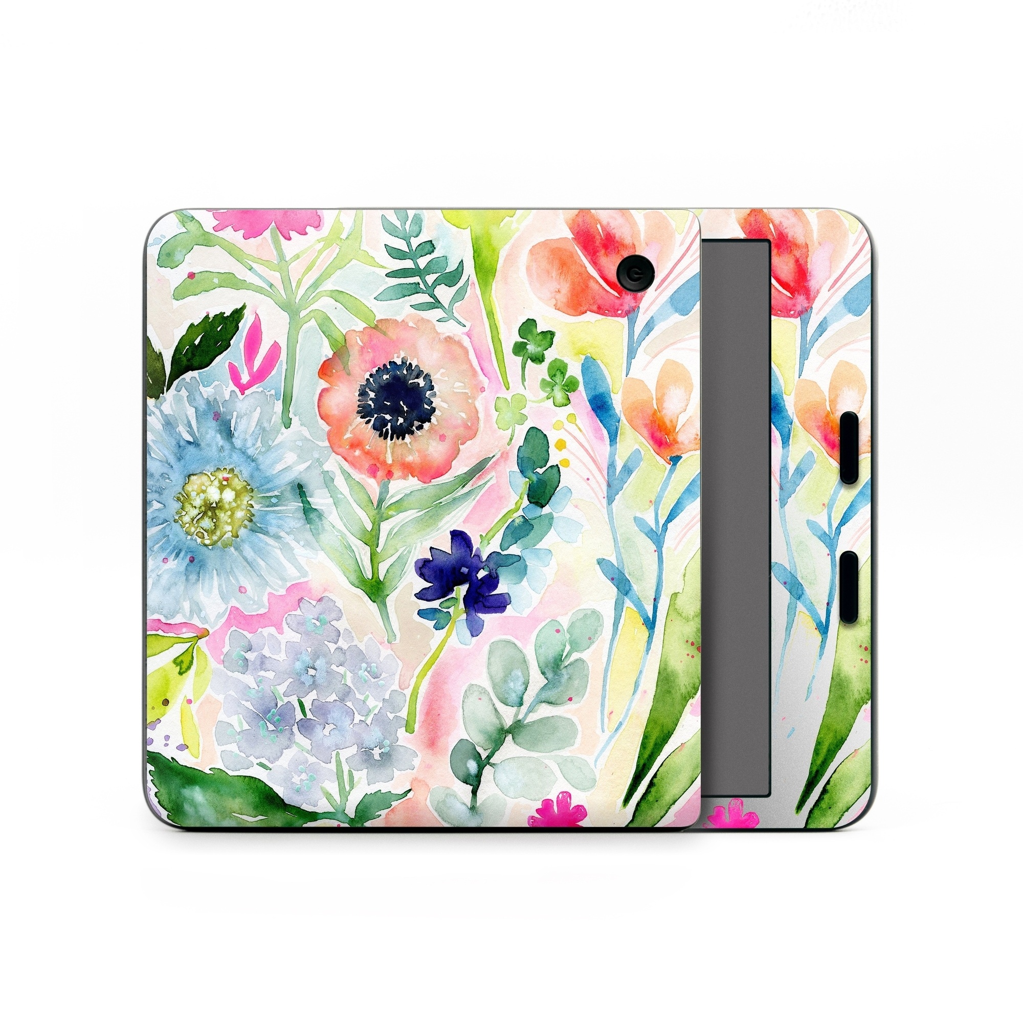 Kobo Libra Colour Skin design of Flower, Watercolor paint, Plant, Flowering plant, Pattern, Floral design, Botany, Petal, Wildflower, Design, with green, pink, yellow, orange, blue, red, purple colors