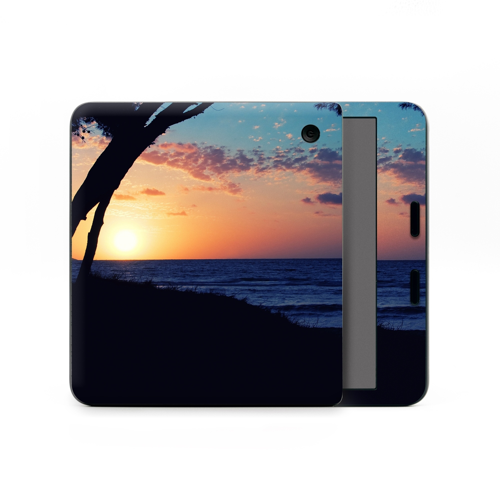 Kobo Libra Colour Skin design of Sky, Horizon, Nature, Tree, Sunset, Sunrise, Ocean, Sea, Natural landscape, Afterglow, with black, gray, blue, green, red, pink colors