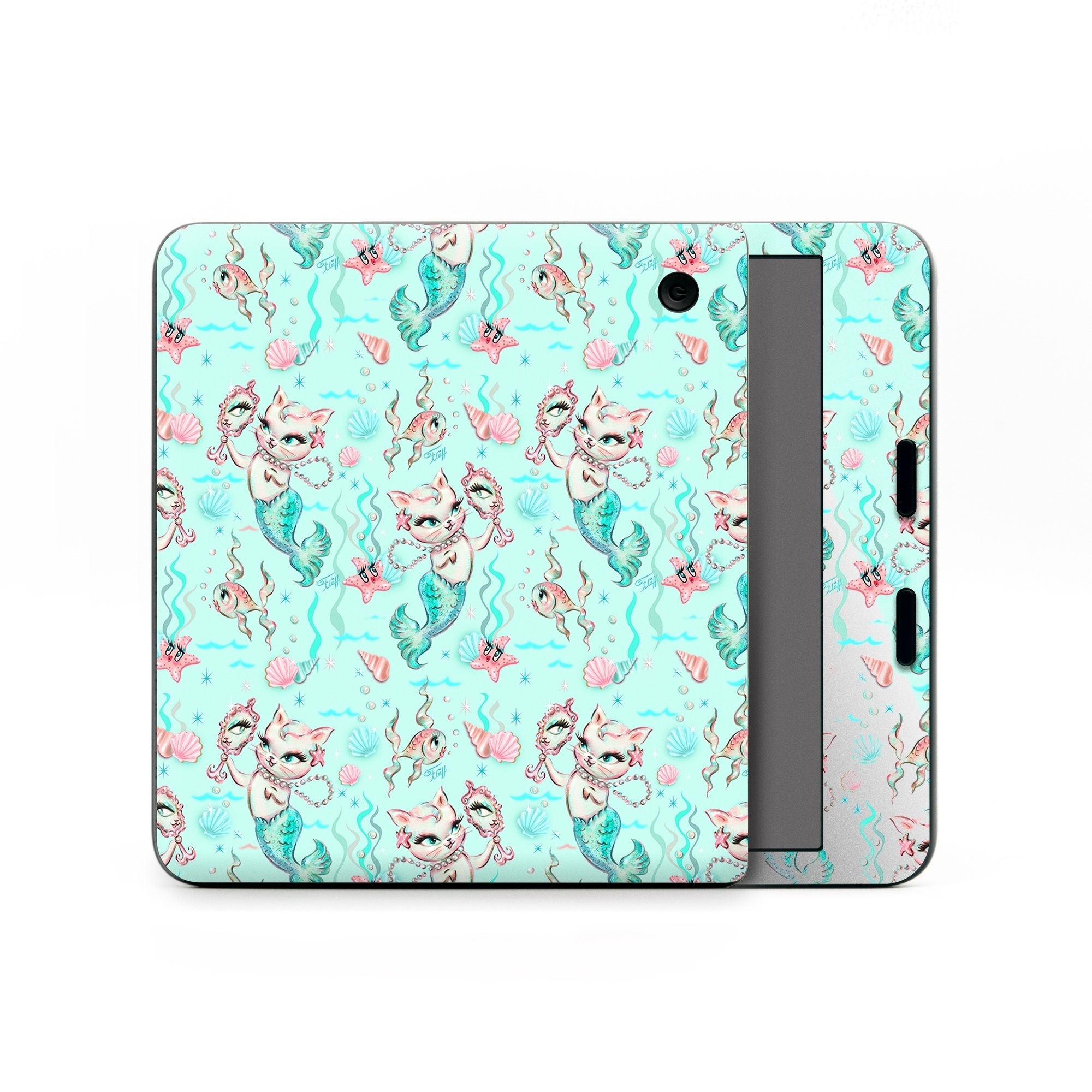 Kobo Libra Colour Skin design of Green, Aqua, Pattern, Teal, Turquoise, Pink, Textile, Wrapping paper, Design, with blue, pink, white, green colors