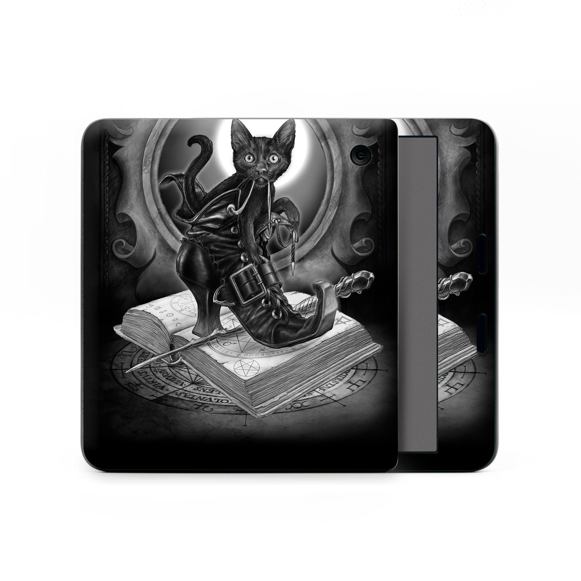 Kobo Libra Colour Skin design of Cat, Boot, Book, Wand, Shoelace, Mirror, with black, white, gray colors