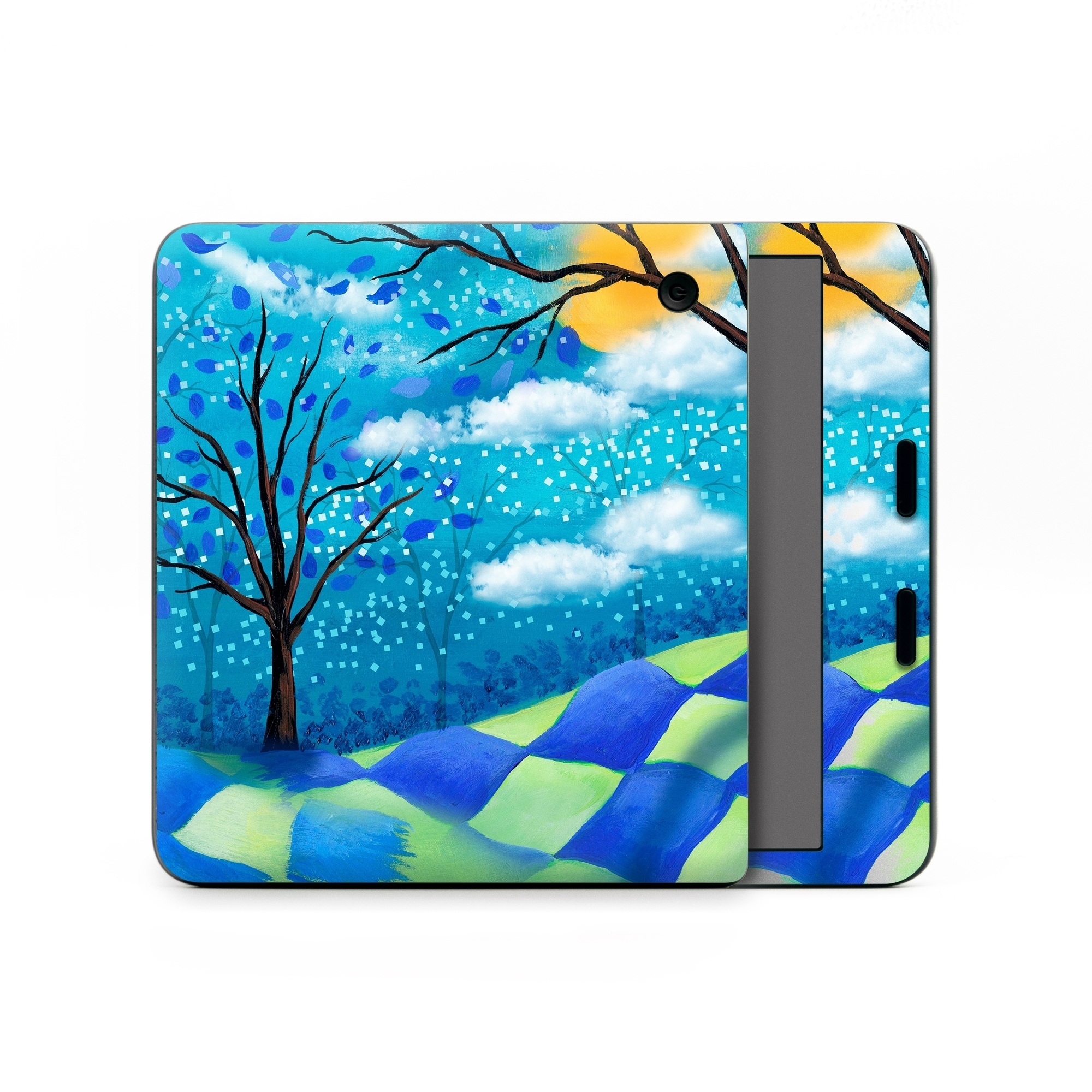 Kobo Libra Colour Skin design of Natural landscape, Nature, Blue, Tree, Sky, Branch, Spring, Woody plant, Plant, Leaf, with blue, gray, black, purple, green colors