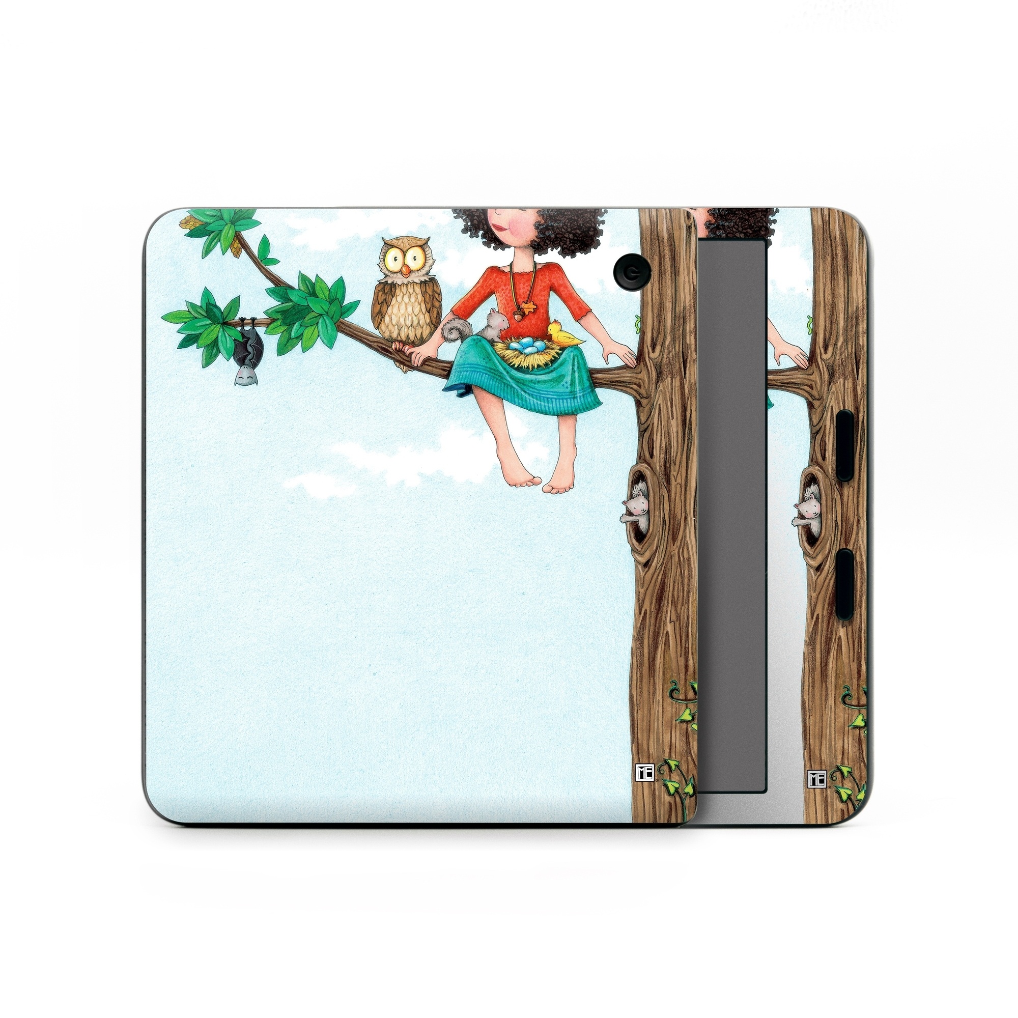 Kobo Libra Colour Skin design of Cartoon, Illustration, Branch, Bird, Owl, Tree, Art, Plant, Clip art, Fictional character, with blue, gray, red, black, white, green colors