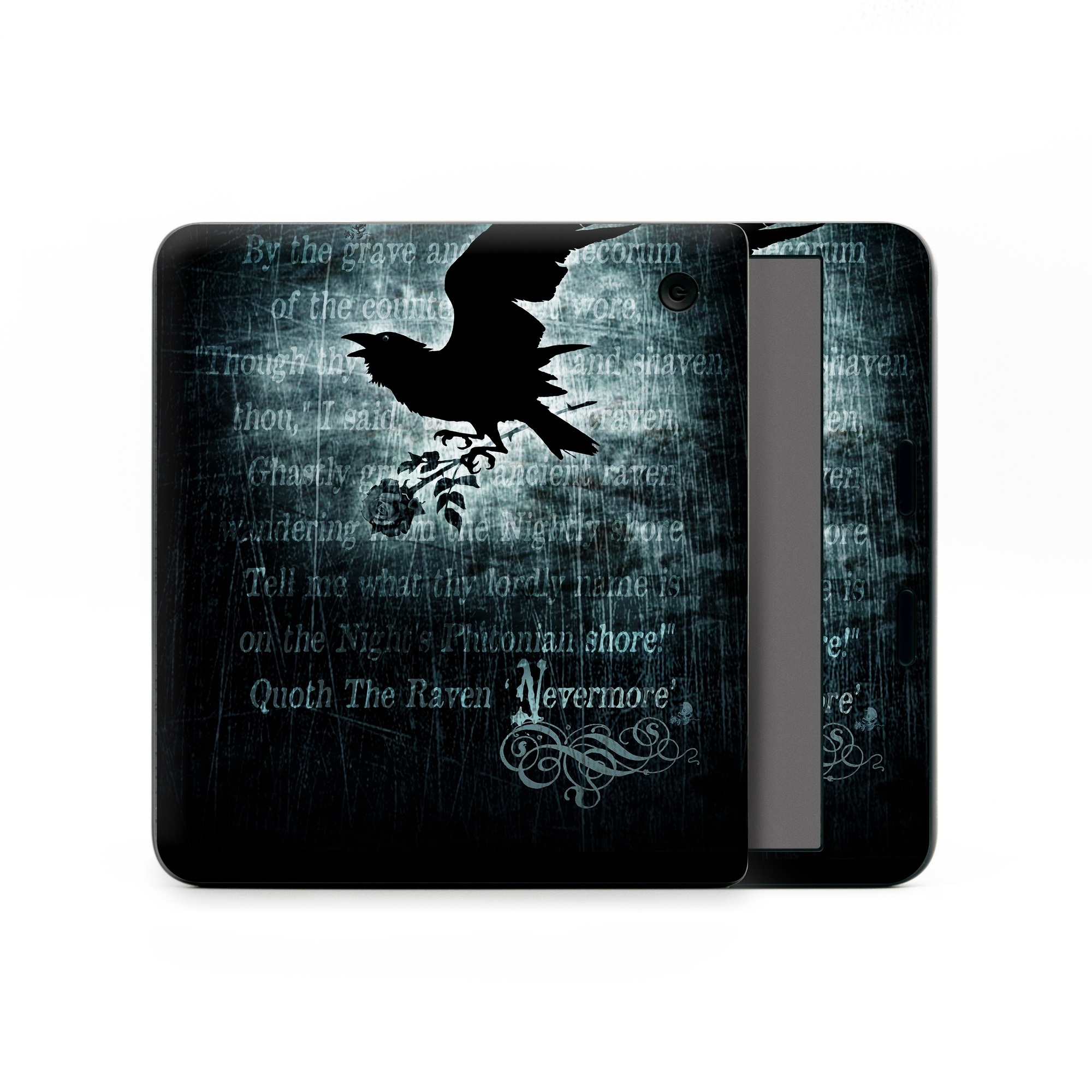 Kobo Libra Colour Skin design of Bird, Text, Wing, Graphic design, Darkness, Font, Illustration, Graphics, with black, white, blue colors