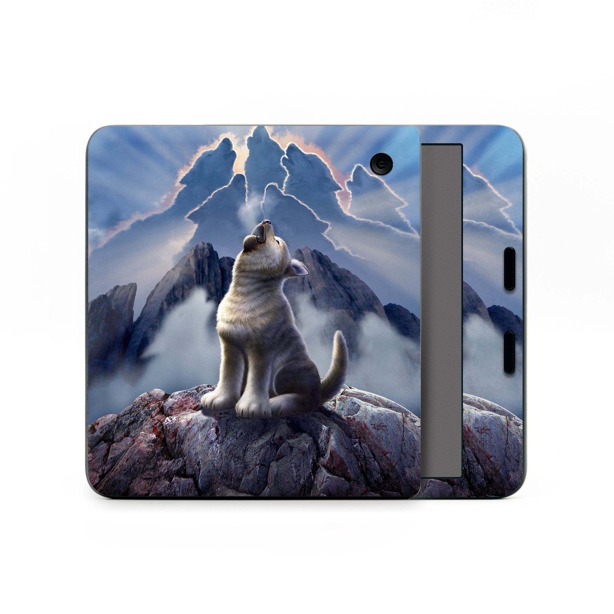 Kobo Libra Colour Skin design of Sky, Cloud, Atmosphere, Rock, Wolf, Photography, Cg artwork, Illustration, Mountain, Mythology, with white, blue, gray, brown colors