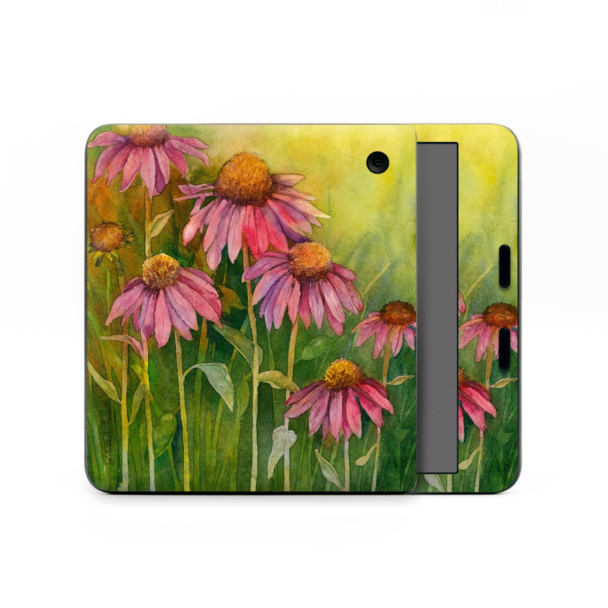 Kobo Libra Colour Skin design of Flowering plant, Purple coneflower, Coneflower, Flower, Plant, Watercolor paint, Wildflower, black-eyed susan, Petal, Daisy family, with black, green, red, gray, purple colors
