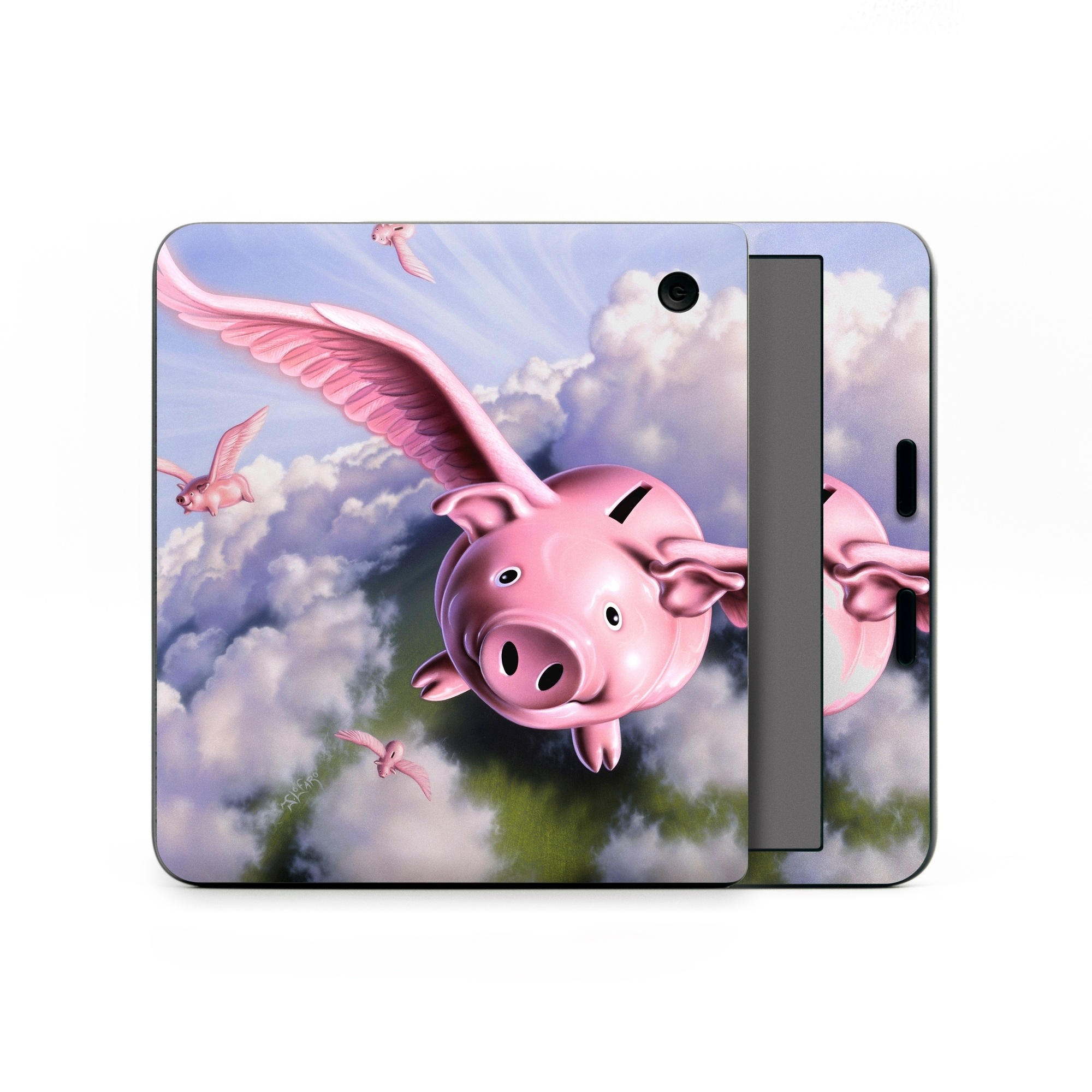 Kobo Libra Colour Skin design of Cloud, Sky, Happy, Pink, Bird, Art, Wing, Snout, Wind, Fictional character, with pink, white, blue, gray, green colors