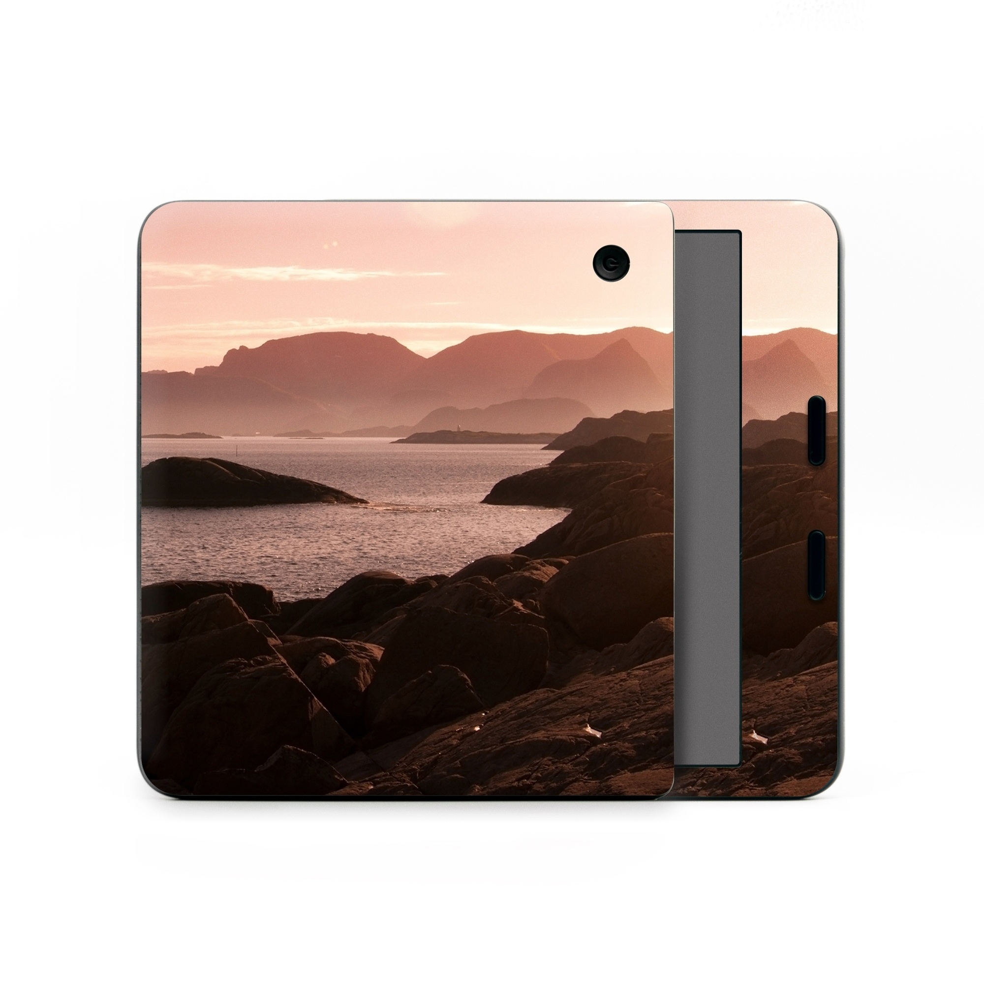 Kobo Libra Colour Skin design of Sky, Nature, Sea, Atmospheric phenomenon, Horizon, Natural landscape, Coast, Cloud, Morning, Calm, with gray, black, red, pink, green colors
