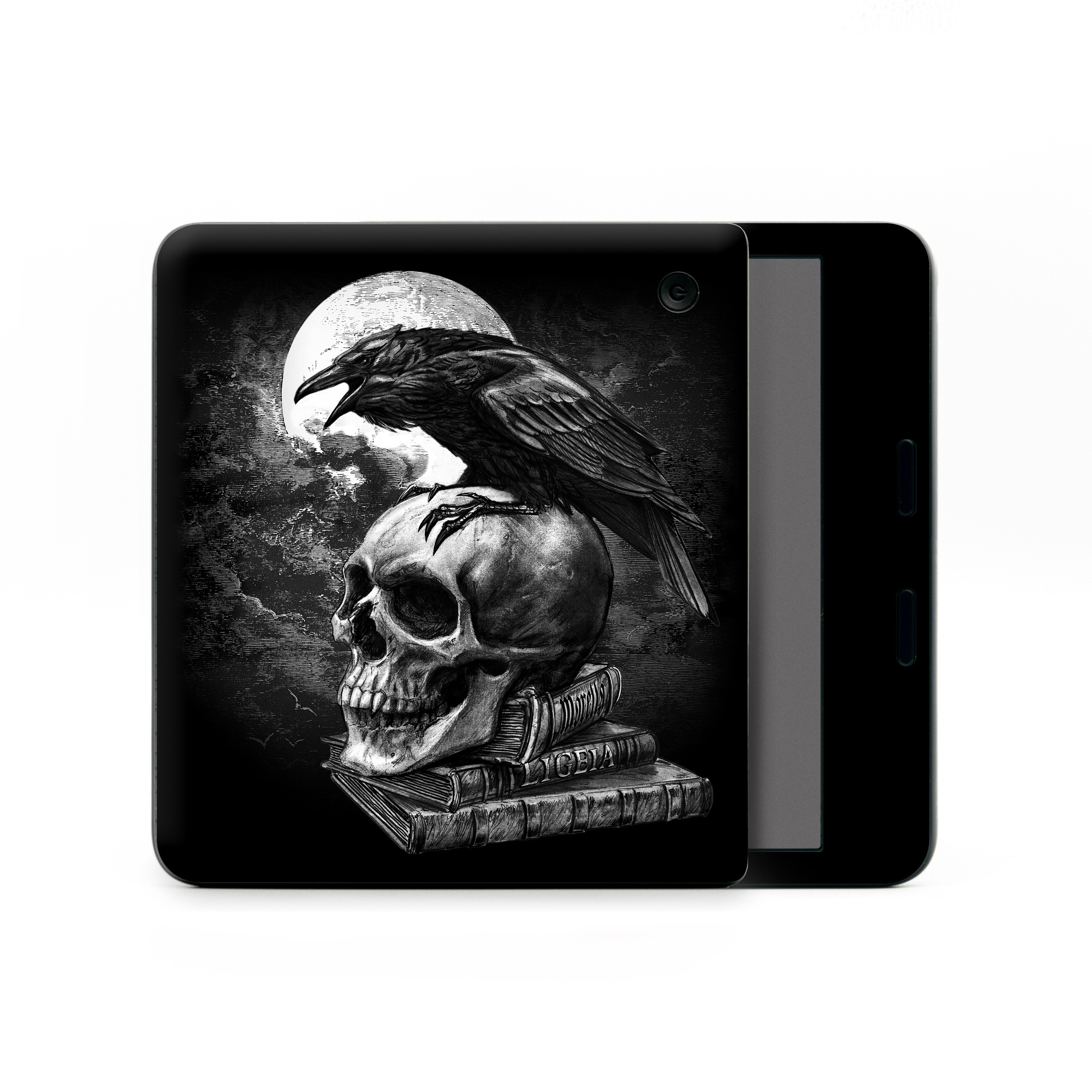 Kobo Libra Colour Skin design of Bone, Skull, Bird, Darkness, Monochrome, Wing, Black-and-white, Illustration, Beak, Fictional Character, Drawing, Symbol, with black, white, gray colors