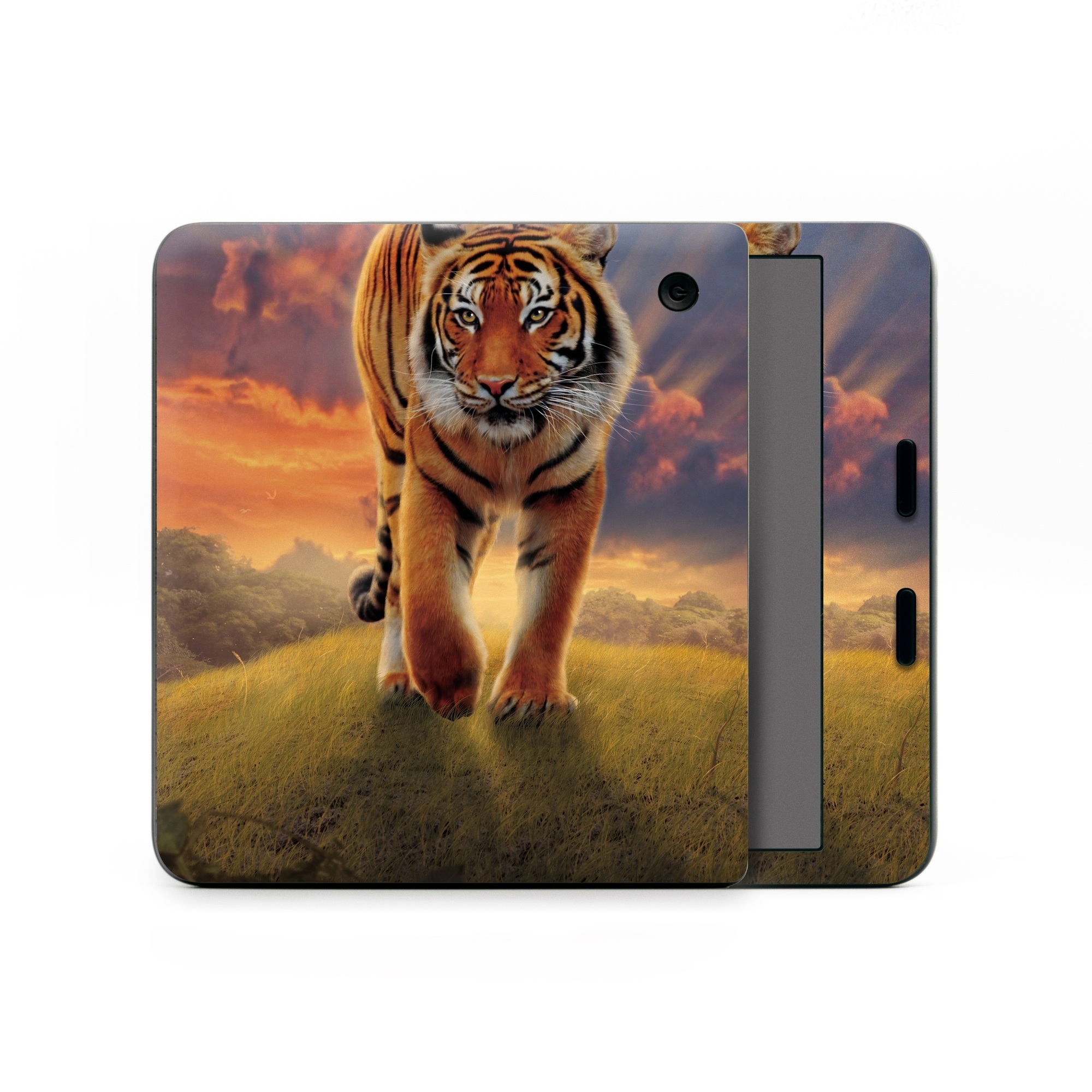 Kobo Libra Colour Skin design of Tiger, Wildlife, Bengal tiger, Mammal, Felidae, Siberian tiger, Sky, Big cats, Terrestrial animal, Carnivore, with black, white, yellow, red, green, blue colors