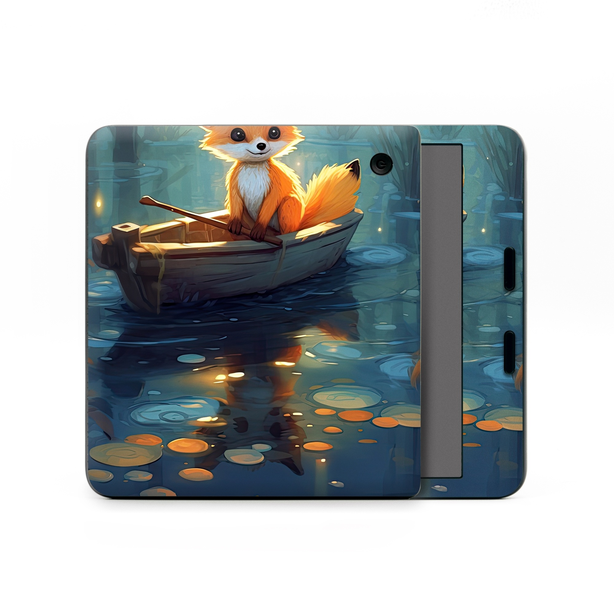 Kobo Libra Colour Skin design of Water, Boat, Light, Nature, Organism, Orange, Cartoon, Watercraft, Art, Plant, with blue, yellow, orange, white, black, gray, green, brown colors
