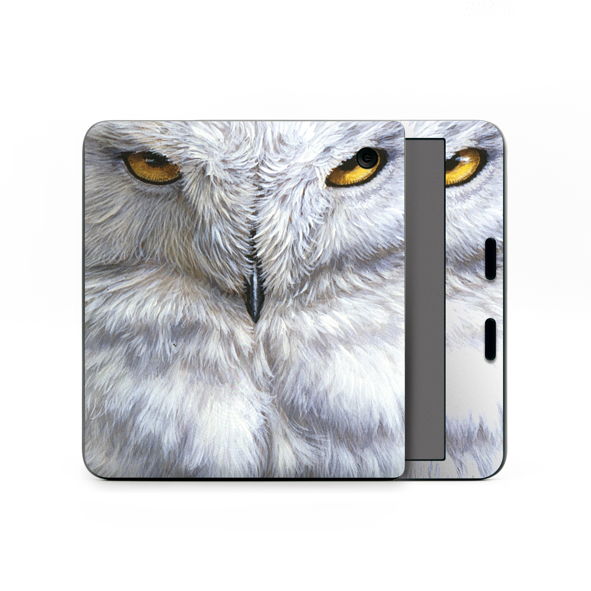 Kobo Libra Colour Skin design of Owl, Bird, Bird of prey, Snowy owl, great grey owl, Close-up, Eye, Snout, Wildlife, Eastern Screech owl, with gray, white, black, blue, purple colors