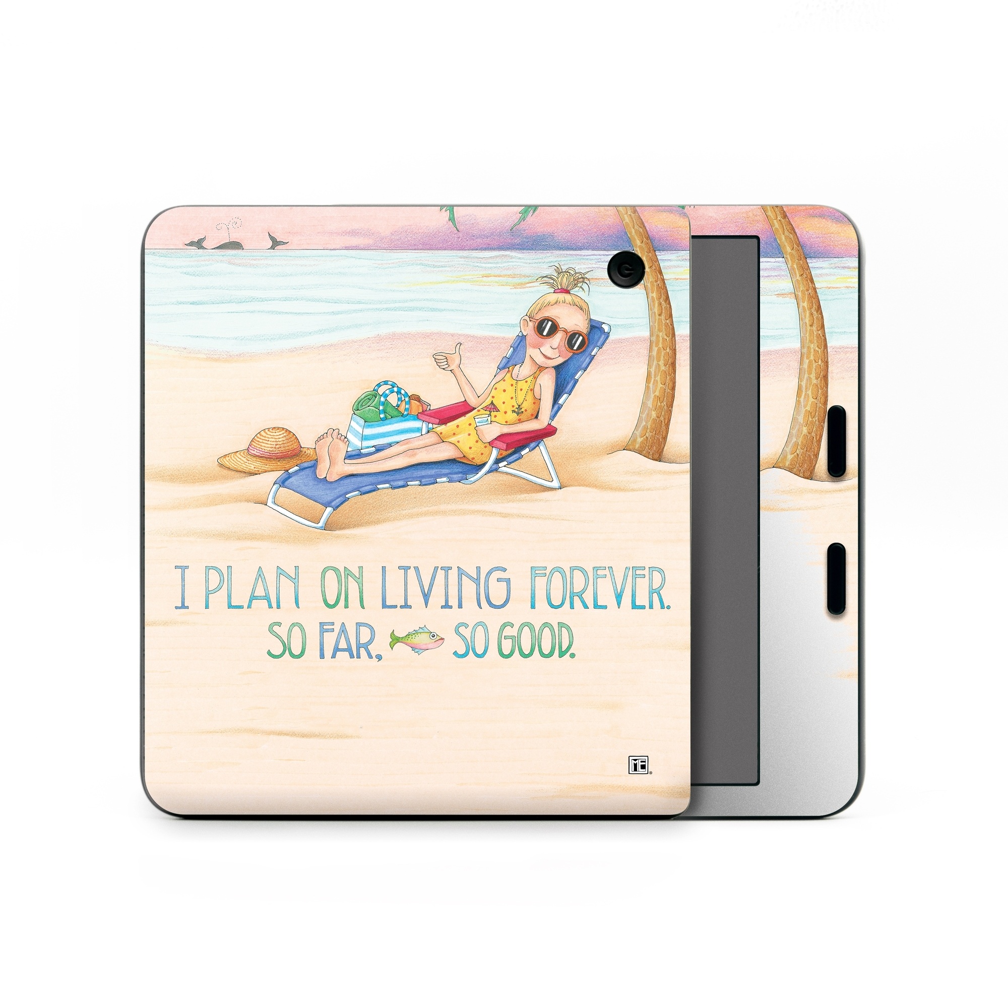 Kobo Libra Colour Skin design of Vacation, Product, Summer, Aqua, Illustration, Sun tanning, Fictional character, Caribbean, Graphics, Happy, with pink, green, brown, yellow, blue, white, red colors