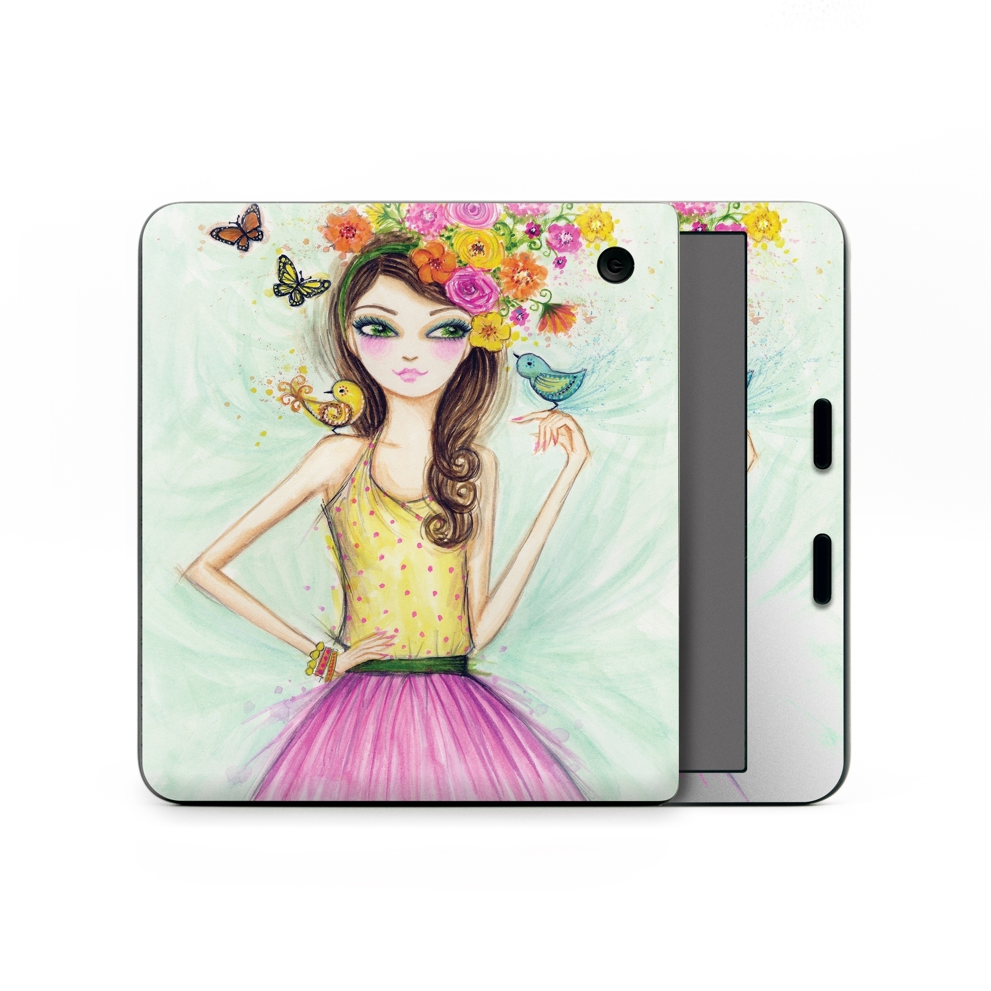 Kobo Libra Colour Skin design of Pink, Illustration, Fashion illustration, Watercolor paint, Fictional character, Dress, Hair accessory, Wildflower, Costume, Plant, with blue, pink, yellow, orange, purple, brown, green colors