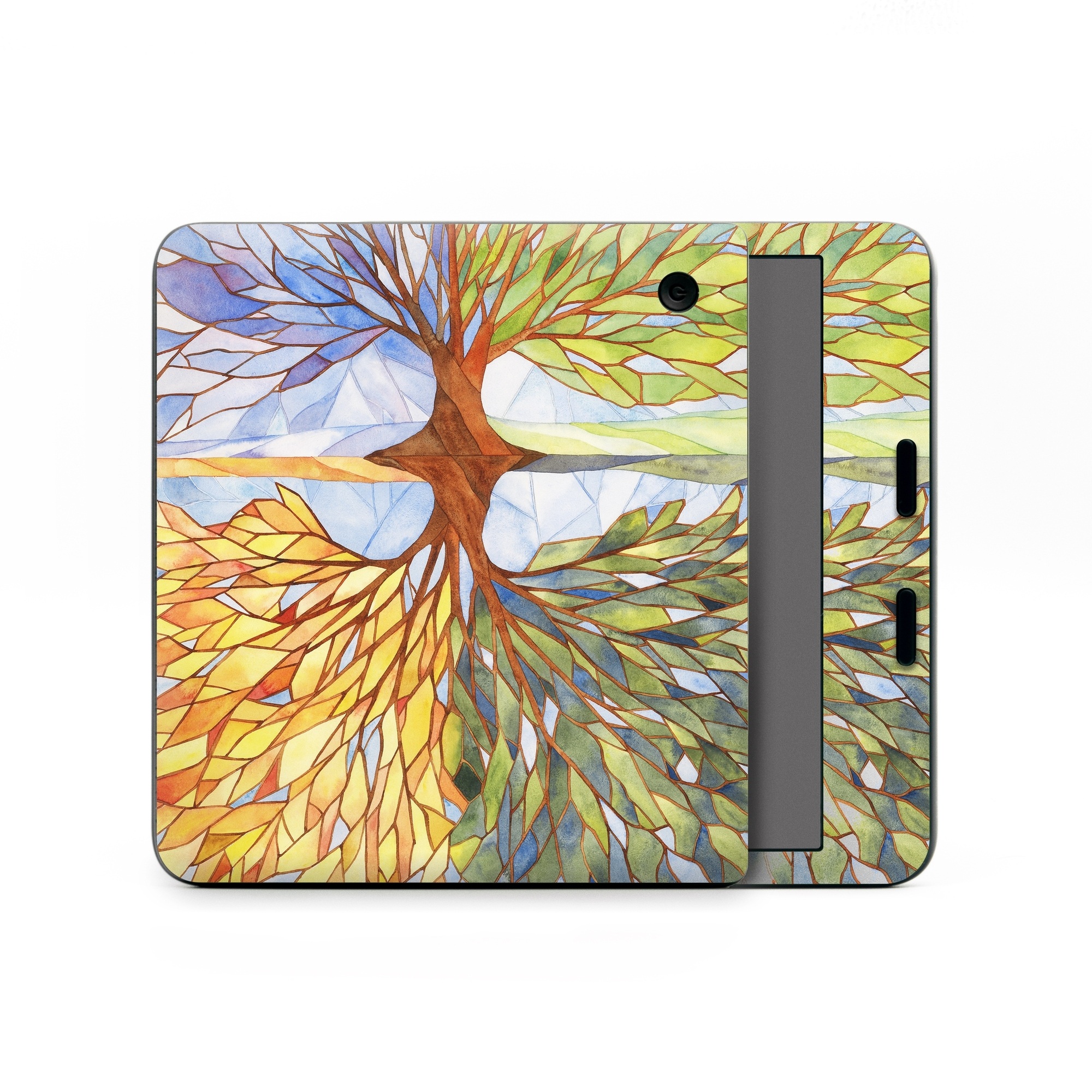 Kobo Libra Colour Skin design of Leaf, Tree, Botany, Plant, Symmetry, Art, Pattern, Painting, Plant stem, Plane, with blue, brown, orange, yellow, red, purple colors