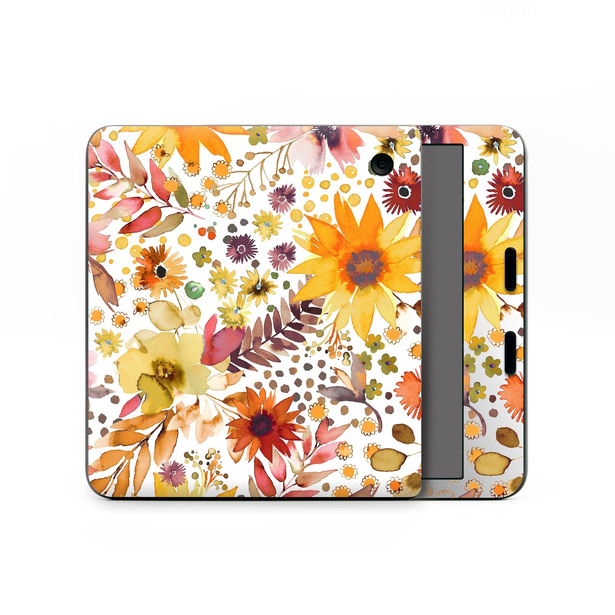 Kobo Libra Colour Skin design of Flower, Plant, Petal, Botany, Textile, Orange, Line, Groundcover, Creative arts, Flowering plant, with white, yellow, pink, green, brown, orange colors