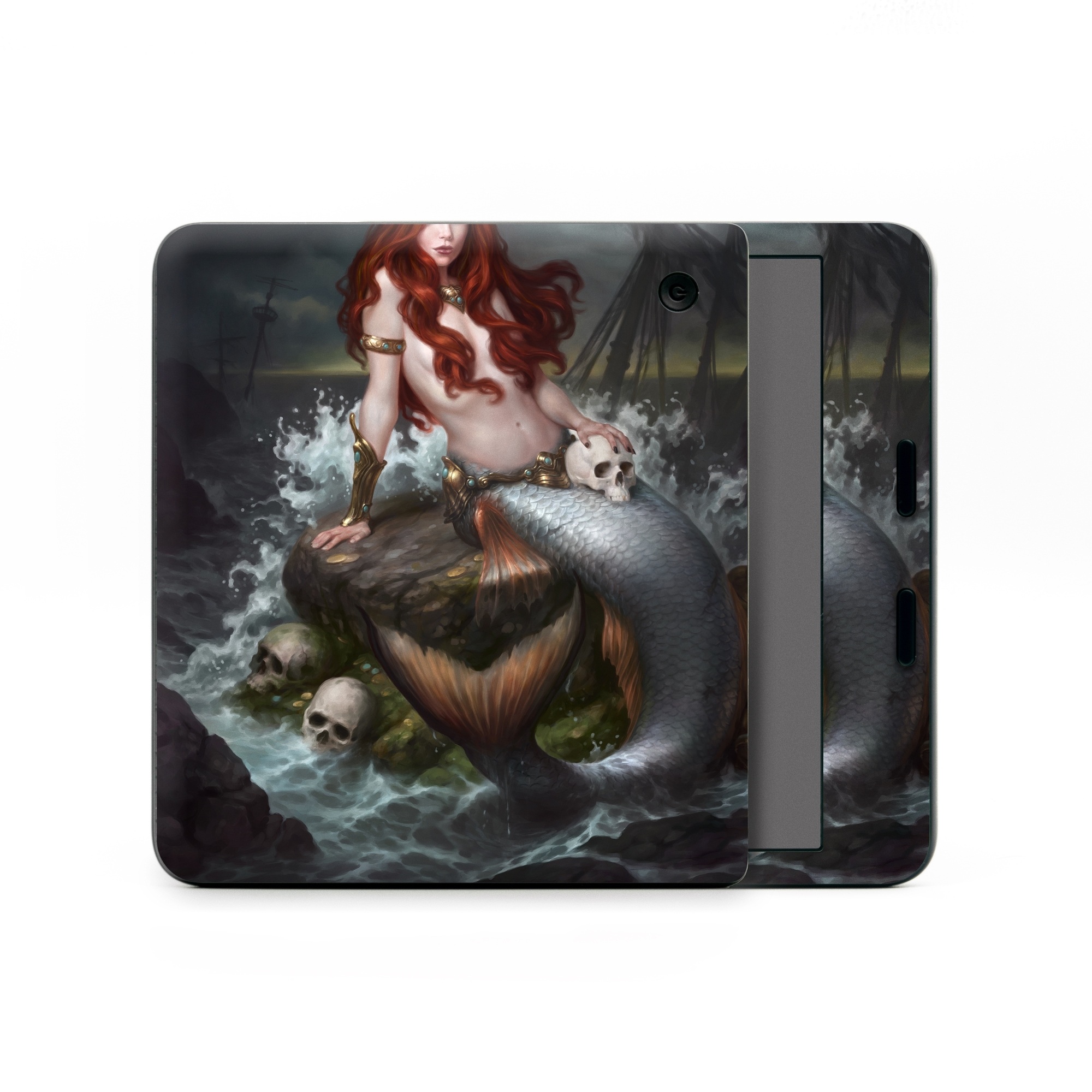Kobo Libra Colour Skin design of Mermaid, Cg artwork, Illustration, Fictional character, Mythology, Mythical creature, Art, Long hair, Woman warrior, Sitting, with black, brown, red, yellow, white, gray colors