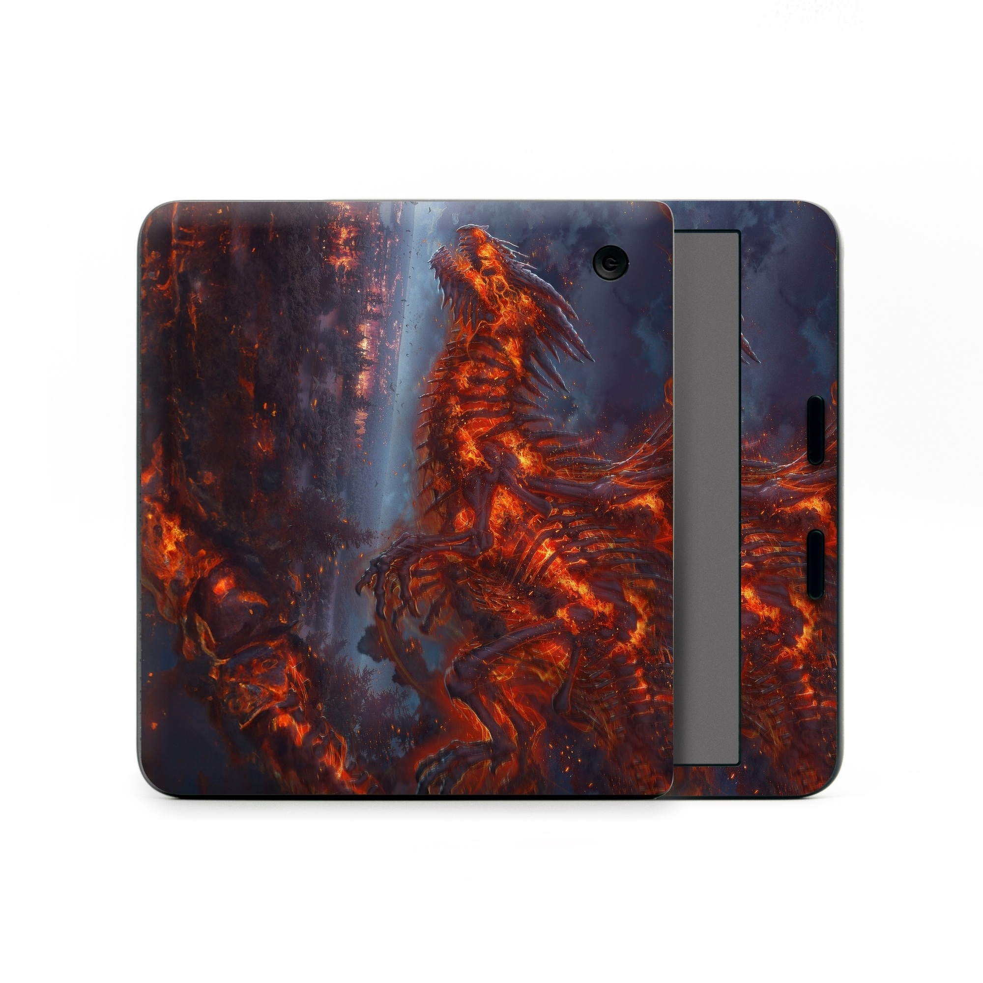 Kobo Libra Colour Skin design of Geological phenomenon, Dragon, Cg artwork, Sky, Flame, Fictional character, Mythology, Lava, Demon, Heat, with red, blue, black colors