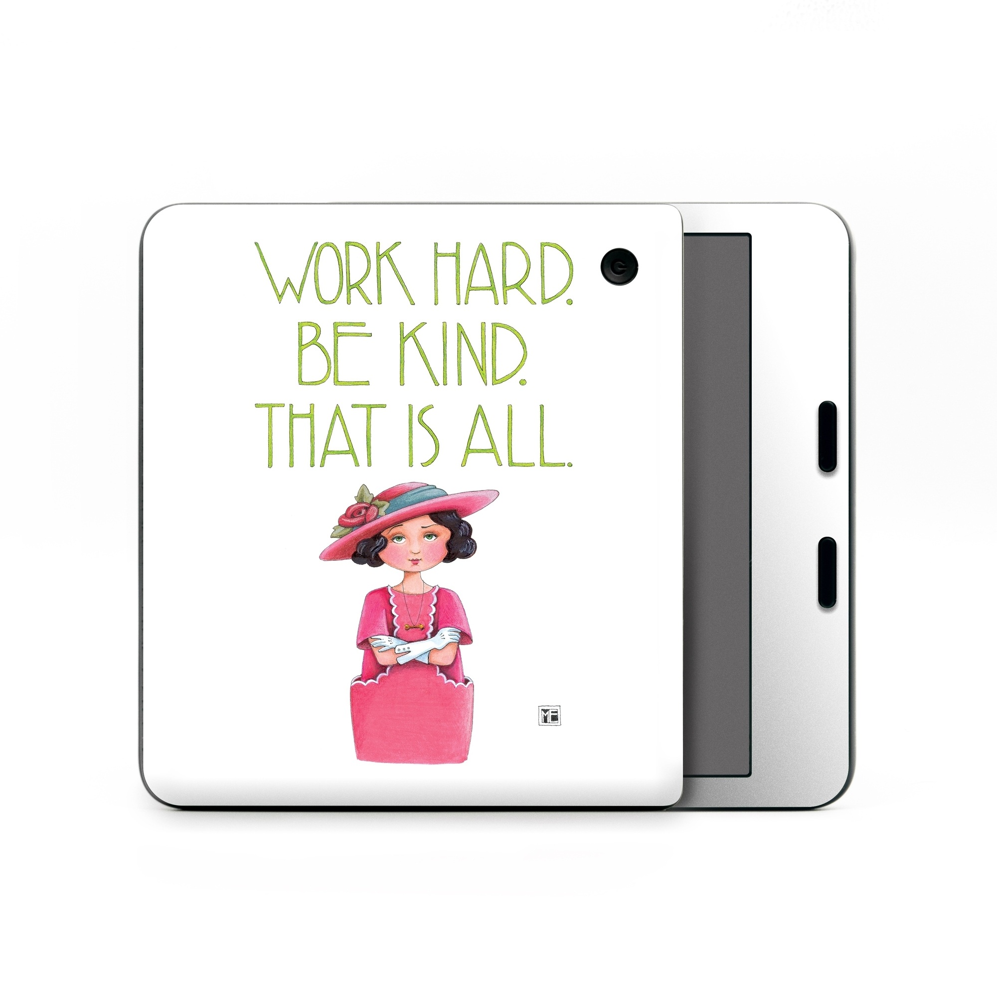 Kobo Libra Colour Skin design of Pink, Headgear, Font, Hat, with white, green, pink, black, white, yellow, blue colors
