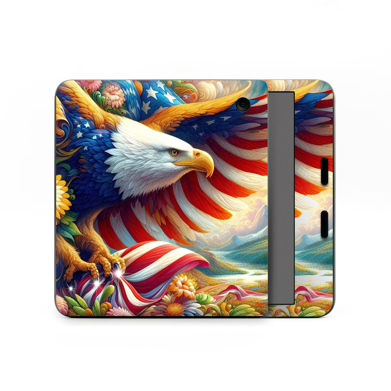 Kobo Libra Colour Skin design of Bird, Accipitridae, Beak, Wing, Bald eagle, Bird of prey, Eagle, Flag of the United States, Accipitriformes, Painting, with red, blue, white, yellow, orange, brown, green, gray colors
