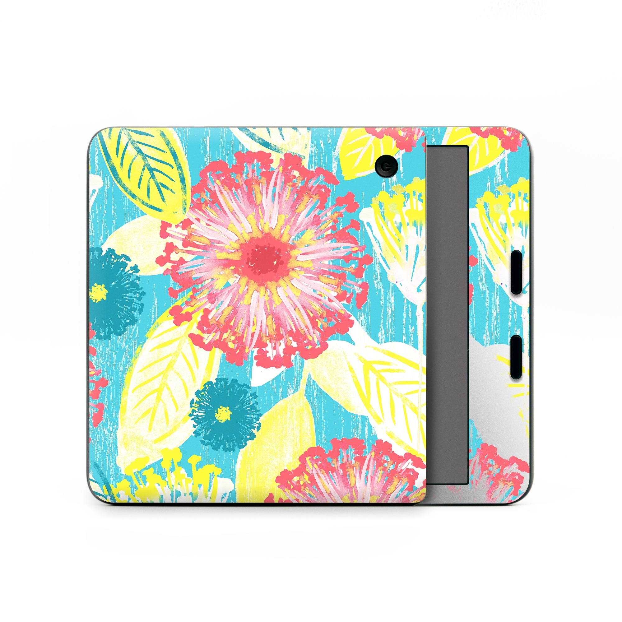 Kobo Libra Colour Skin design of Pattern, Design, Flower, Floral design, Plant, Textile, Wrapping paper, Wildflower, Visual arts, with pink, gray, blue, yellow colors
