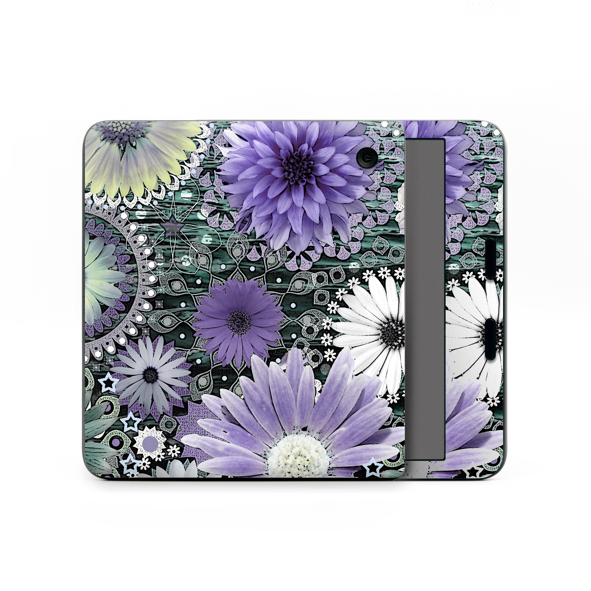 Kobo Libra Colour Skin design of Purple, Flower, african daisy, Pericallis, Plant, Violet, Lavender, Botany, Petal, Pattern, with gray, black, blue, purple, white colors