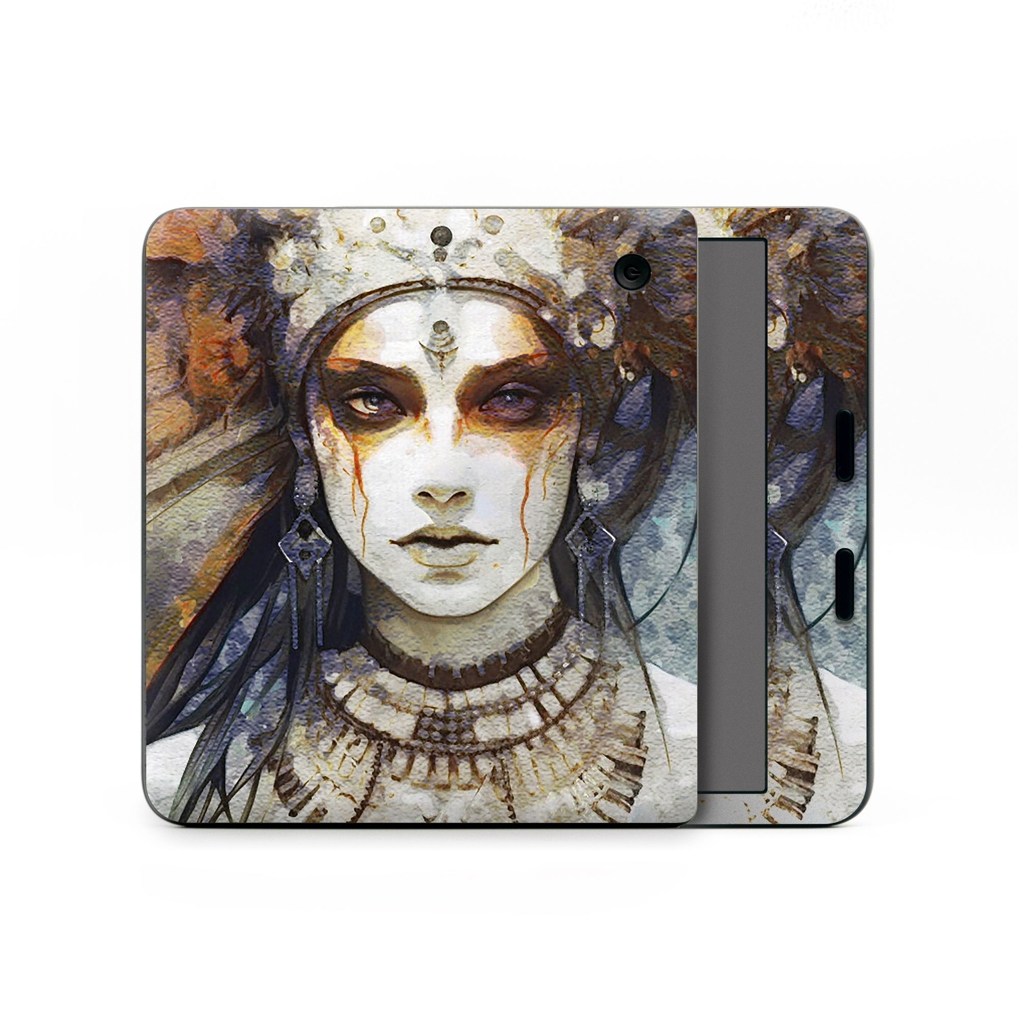Kobo Libra Colour Skin design of Eye, Paint, Eyelash, Painting, Art, Headpiece, Beauty, Feather, Illustration, Mask, with white, black, yellow, brown, gray, blue colors