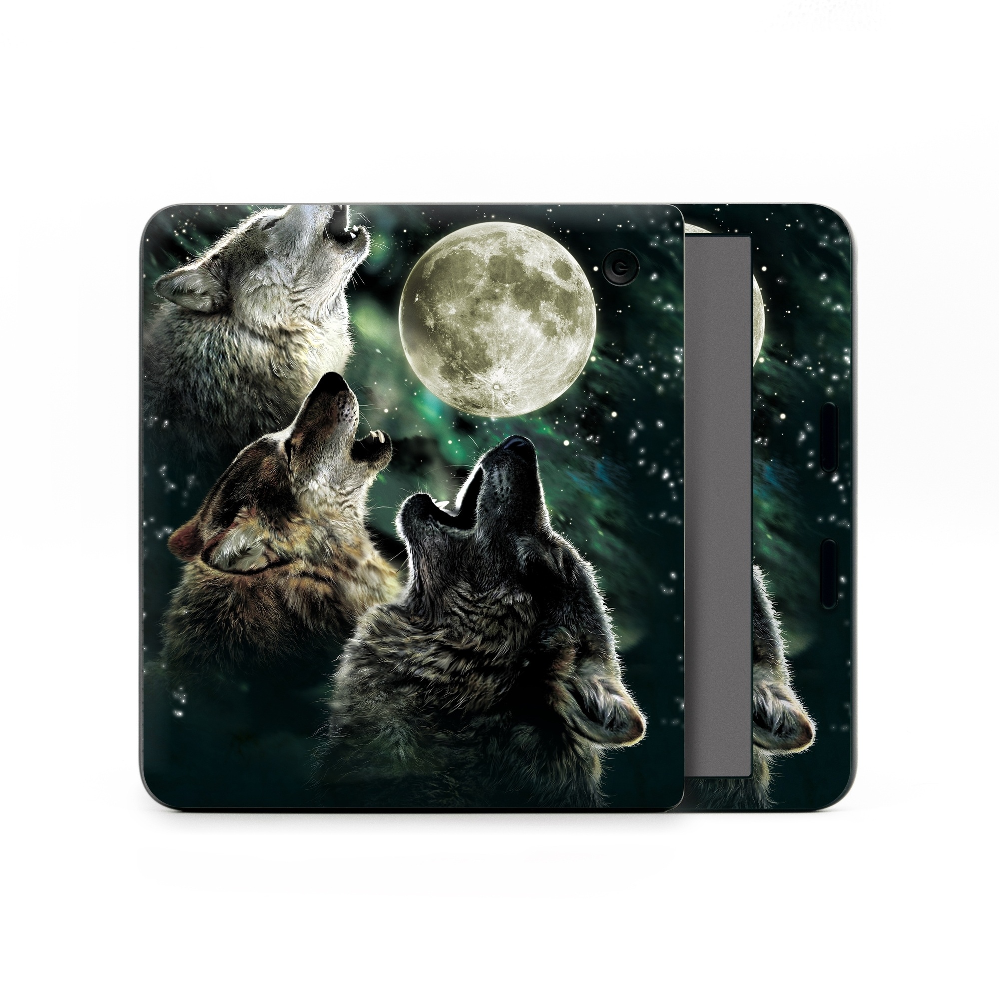 Kobo Libra Colour Skin design of Wolf, Light, Astronomical object, Moon, Wildlife, Organism, Moonlight, Sky, Atmosphere, Celestial event, with black, gray, green colors
