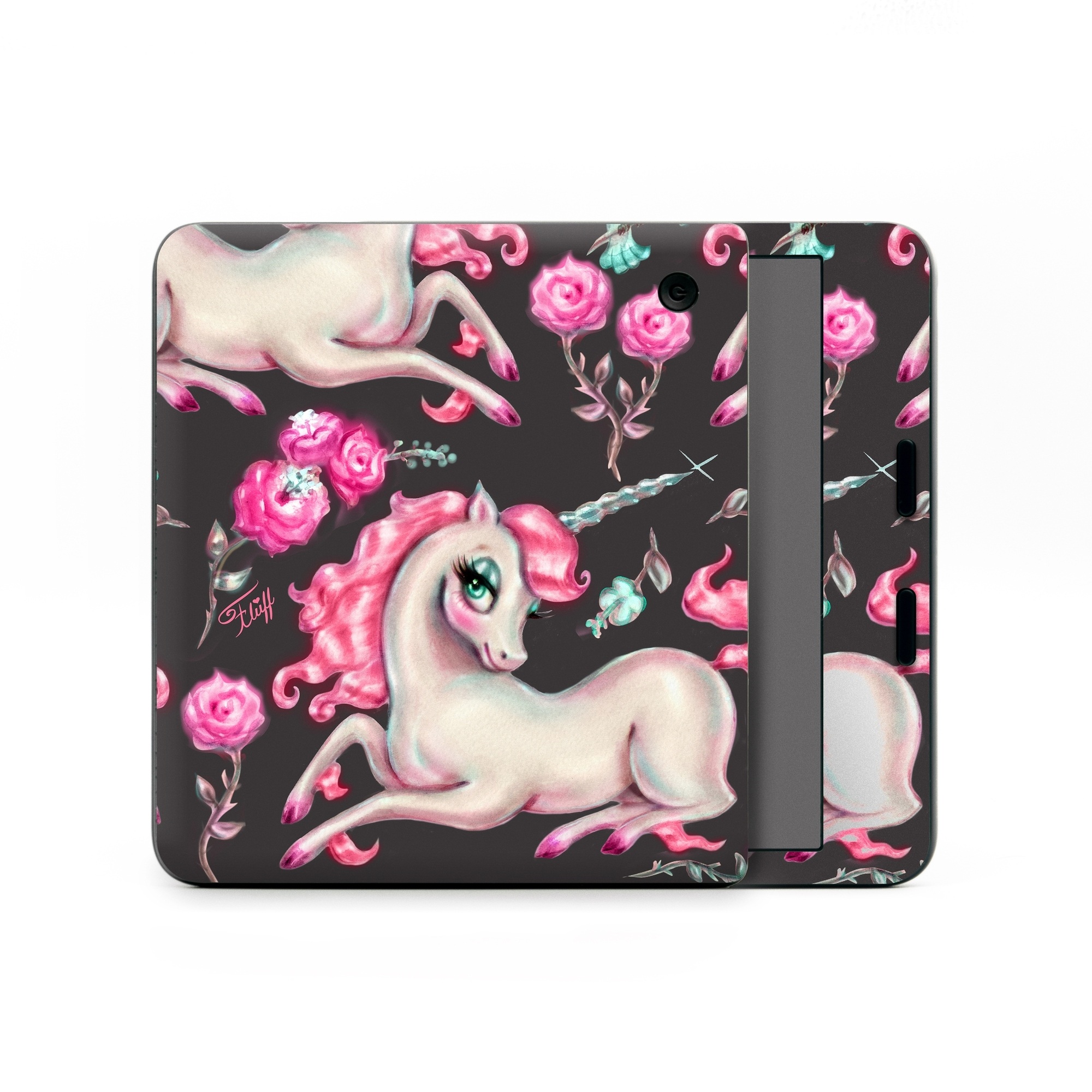 Kobo Libra Colour Skin design of Pink, Horse, Pony, Fictional character, Unicorn, Mythical creature, Mane, Textile, Animal figure, Illustration, with white, pink, blue, black, red colors