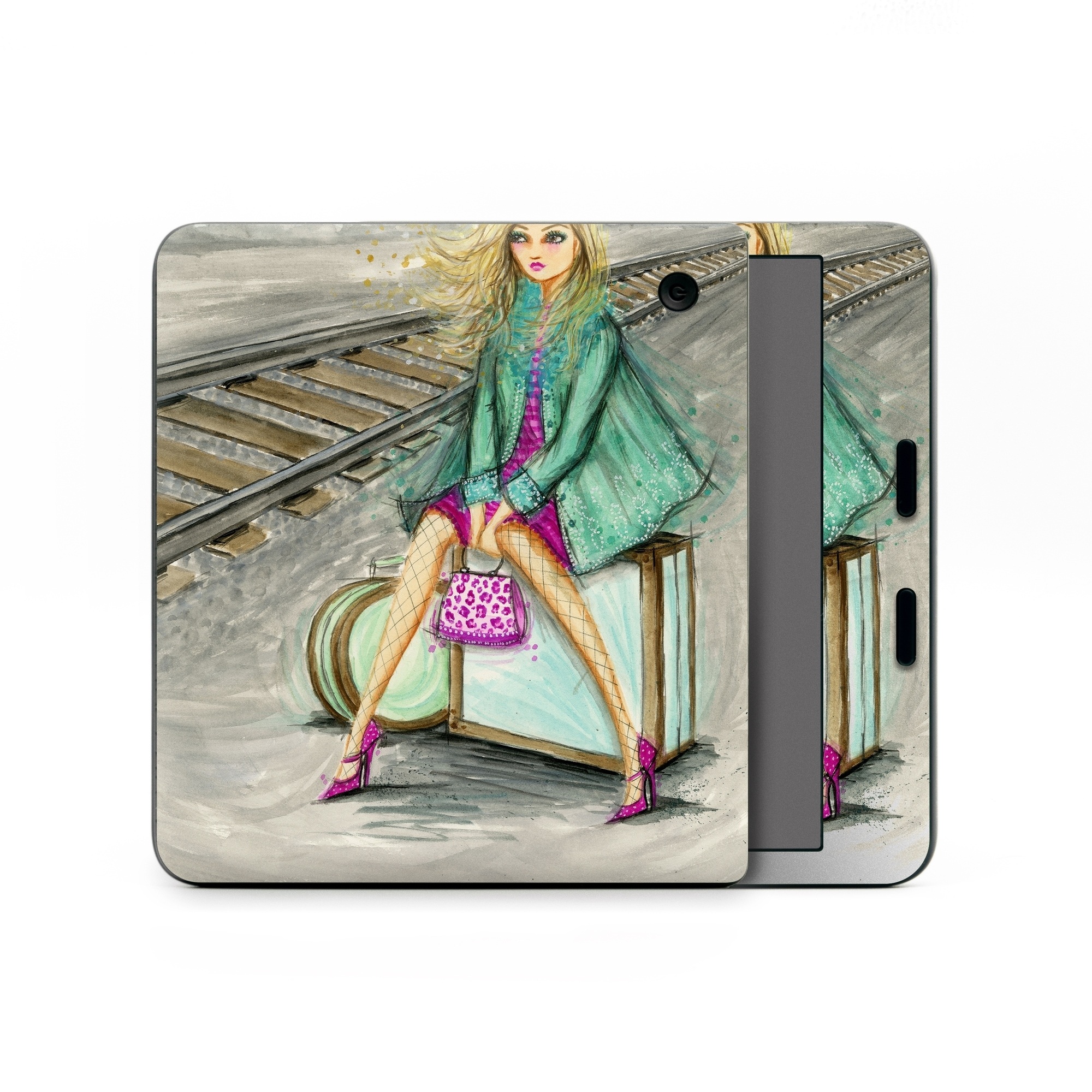 Kobo Libra Colour Skin design of Fashion illustration, Pink, Illustration, Fashion, Watercolor paint, Art, Magenta, Fashion design, Sitting, Drawing, with gray, green, pink, white, yellow, purple, blue colors