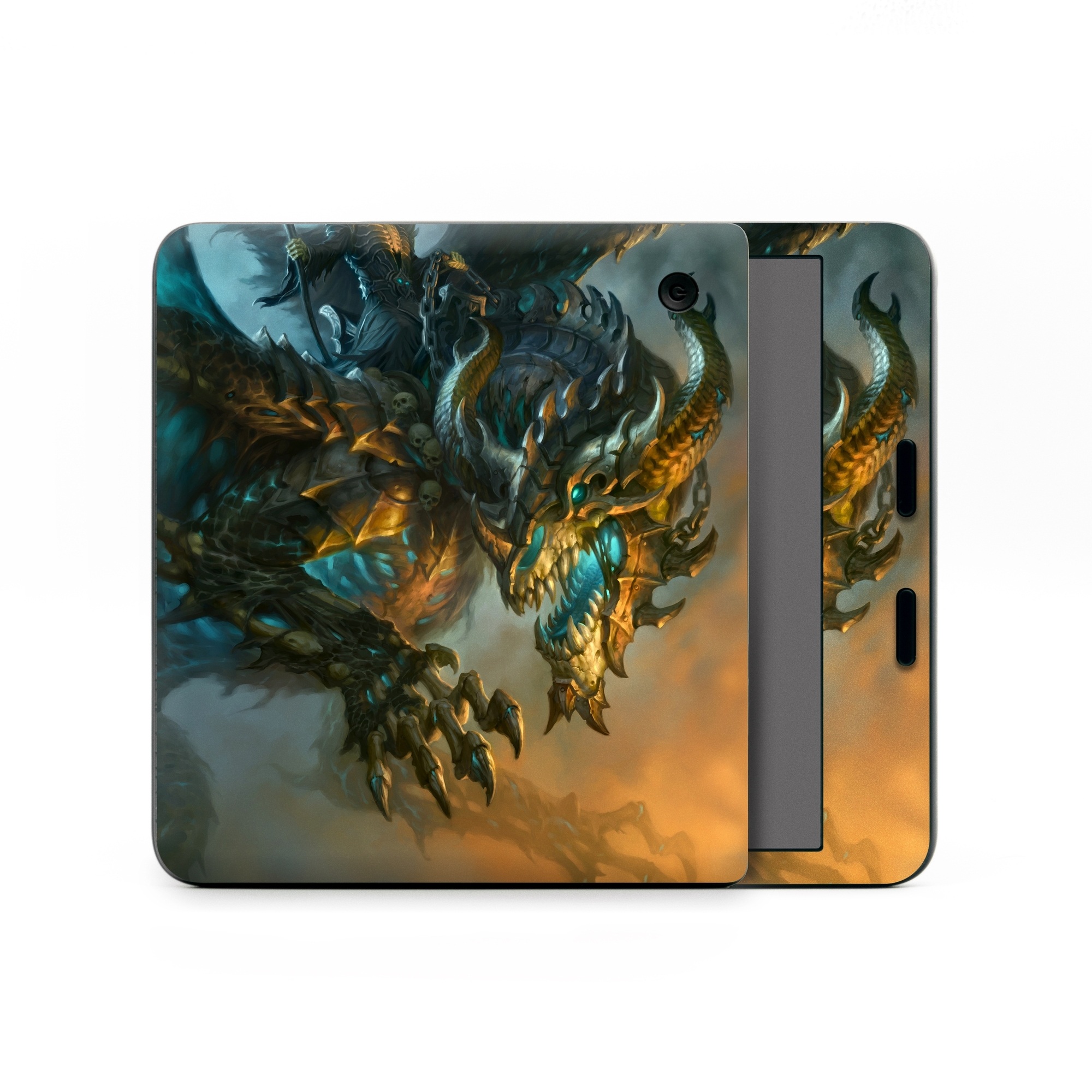 Kobo Libra Colour Skin design of Dragon, Cg artwork, Fictional character, Mythical creature, Demon, Mythology, Illustration, Cryptid, Art, with orange, yellow, black, brown, blue, white colors
