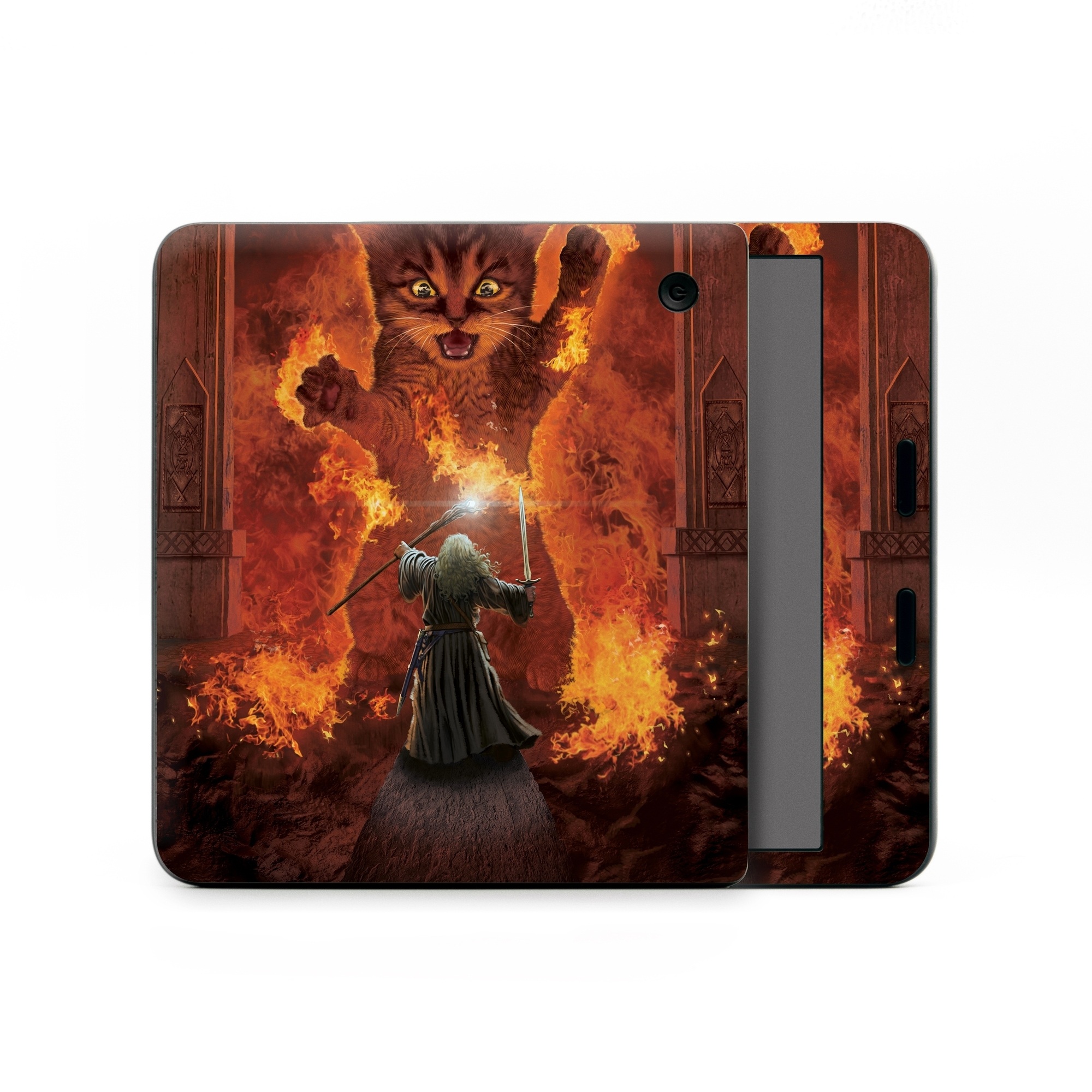 Kobo Libra Colour Skin design of Cartoon, Art, Carnivore, Cg artwork, Felidae, Supernatural creature, Big cats, Heat, Fictional character, Darkness, with black, red, white, gray, yellow colors