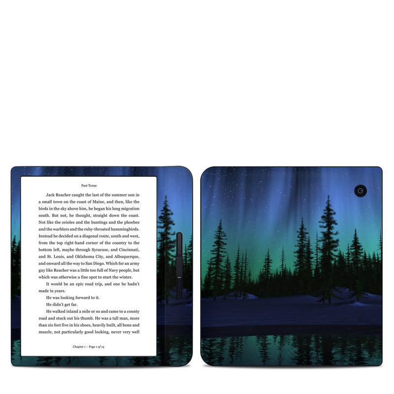 Kobo Libra H20 Skin design of Aurora, Nature, Sky, shortleaf black spruce, Natural landscape, Tree, Wilderness, Natural environment, Biome, Spruce-fir forest, with blue, purple, green, black colors