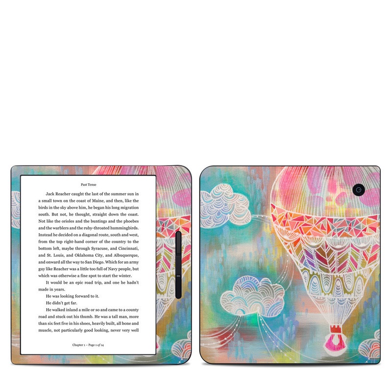 Kobo Libra H20 Skin design of Hot air balloon, Balloon, Illustration, Pattern, Vehicle, Aerostat, Hot air ballooning, Graphic design, Art, with blue, red, yellow, pink, white colors