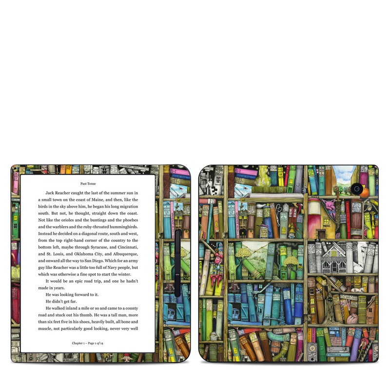 Kobo Libra H20 Skin design of Collection, Art, Visual arts, Bookselling, Shelving, Painting, Building, Shelf, Publication, Modern art, with brown, green, blue, red, pink colors