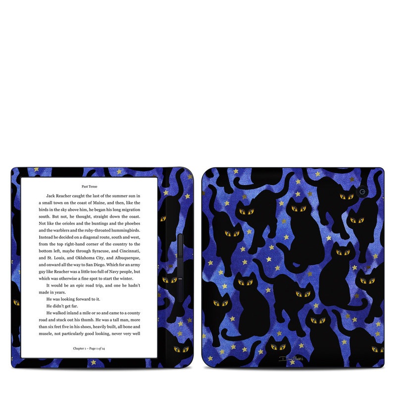 Kobo Libra H20 Skin design of Black cat, Black, Cat, Small to medium-sized cats, Pattern, Felidae, Design, Electric blue, Illustration, Art, with black, blue, purple, yellow colors