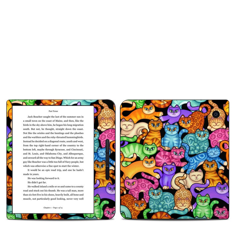 Kobo Libra H20 Skin design of Cat, Cartoon, Felidae, Organism, Small to medium-sized cats, Illustration, Animated cartoon, Wildlife, Kitten, Art, with black, blue, red, purple, green, brown colors