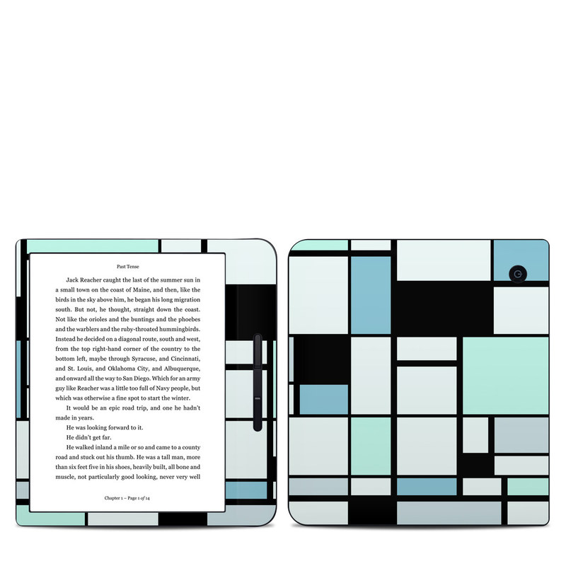 Kobo Libra H20 Skin design of Blue, Line, Turquoise, Pattern, Rectangle, Design, Parallel, Square, Symmetry, Tints and shades, with black, blue, green colors