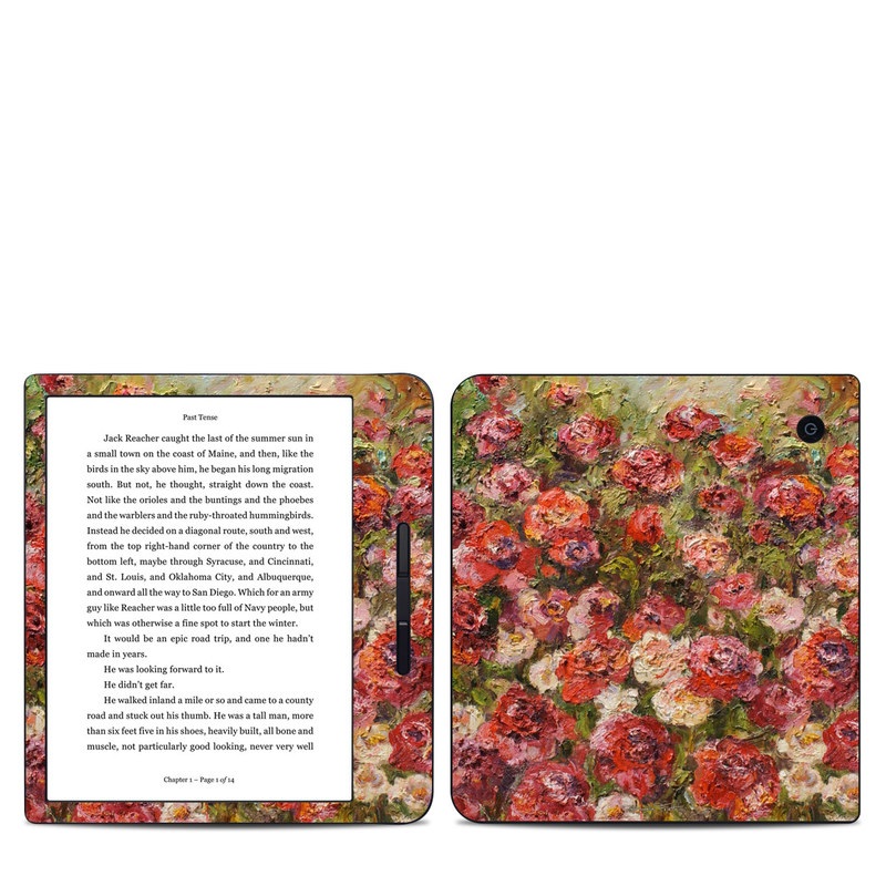 Kobo Libra H20 Skin design of Flower, Garden roses, Rose, Plant, Floribunda, Flowering plant, Rosa × centifolia, Rose family, Botany, Petal, with red, black, green, gray colors