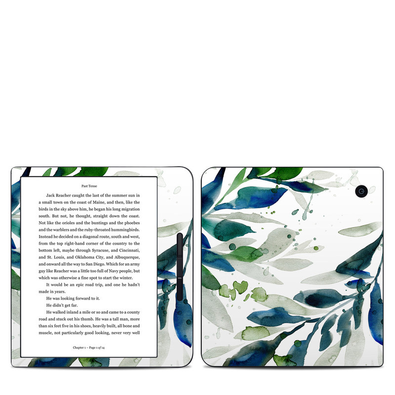Kobo Libra H20 Skin design of Leaf, Branch, Plant, Tree, Botany, Flower, Design, Eucalyptus, Pattern, Watercolor paint with white, blue, green, gray colors