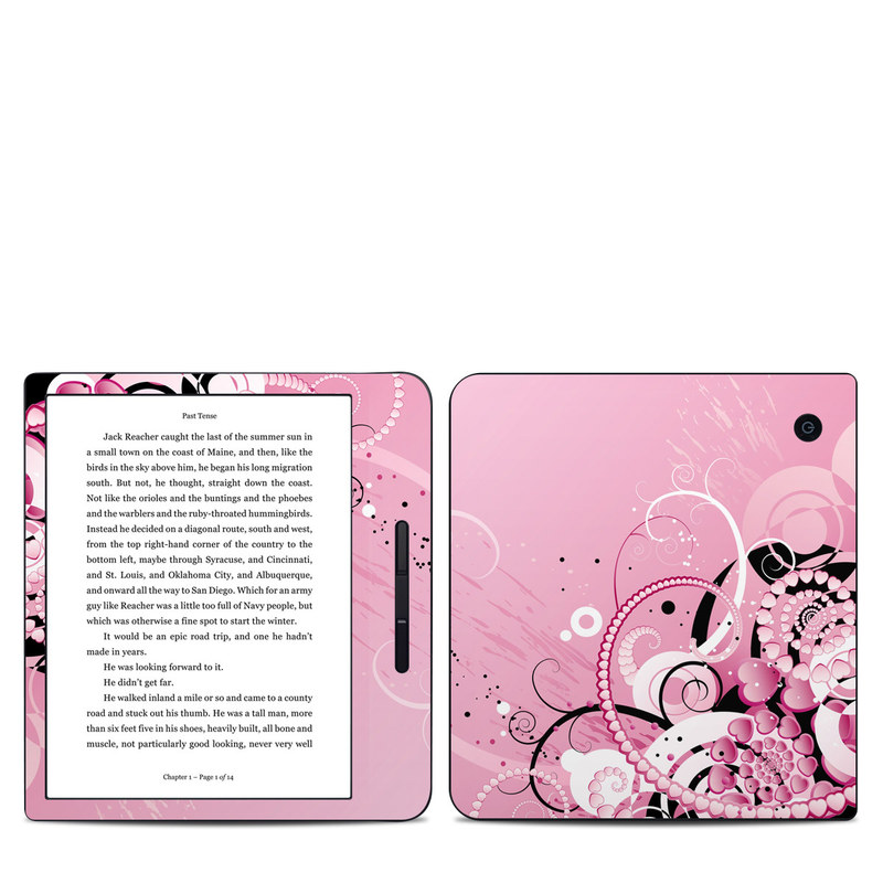 Kobo Libra H20 Skin design of Pink, Floral design, Graphic design, Text, Design, Flower Arranging, Pattern, Illustration, Flower, Floristry, with pink, gray, black, white, purple, red colors