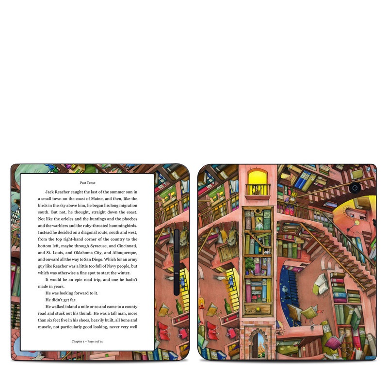 Kobo Libra H20 Skin design of Cartoon, Building, Art, Architecture, Design, Fun, Retail, Illustration, Neighbourhood, Room, with pink, yellow, blue, red, orange, brown colors