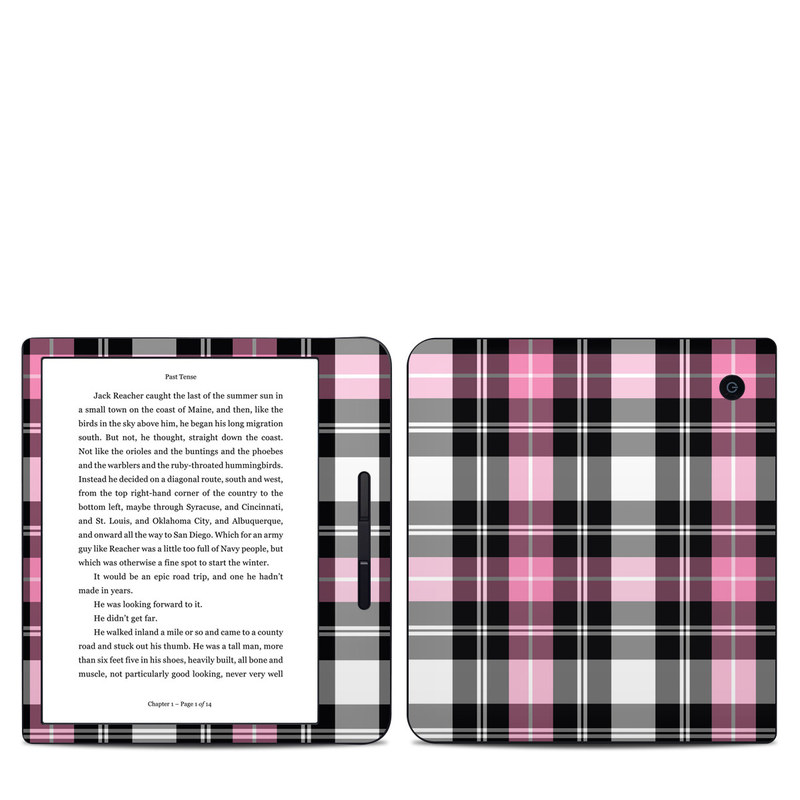 Kobo Libra H20 Skin design of Plaid, Tartan, Pattern, Pink, Purple, Violet, Line, Textile, Magenta, Design, with black, gray, pink, red, white, purple colors